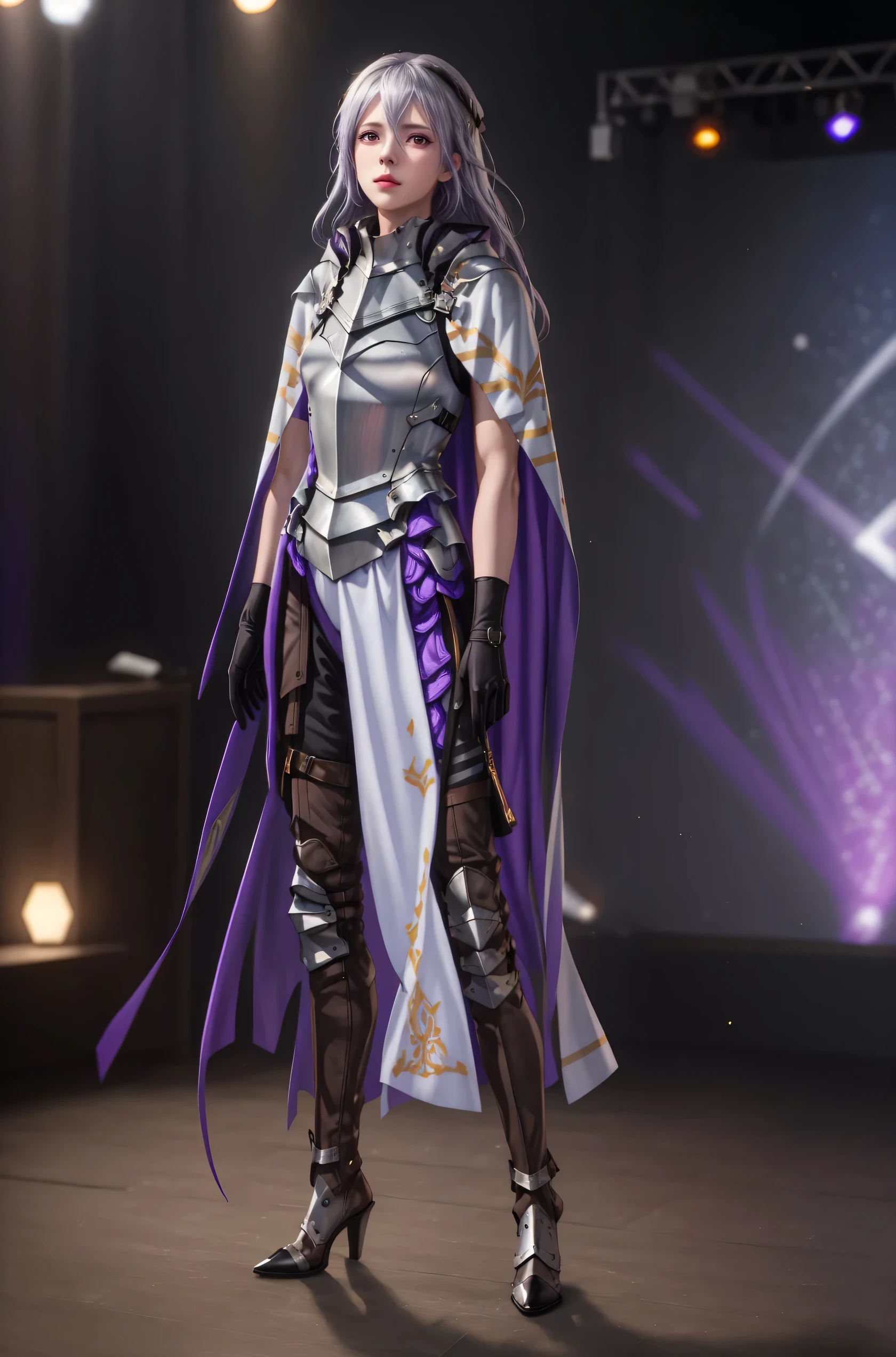 8k,highres,absurdres,masterpiece,best quality,original,extremely detailed CG,extremely detailed wallpaper,perfect lighting,1girl,solo,blurry_background,looking_at_viewer,standing on the stage, JeanneEAnise,long hair,black gloves,hair between eyes,purple eyes,grey hair,white cape,armor,breastplate,