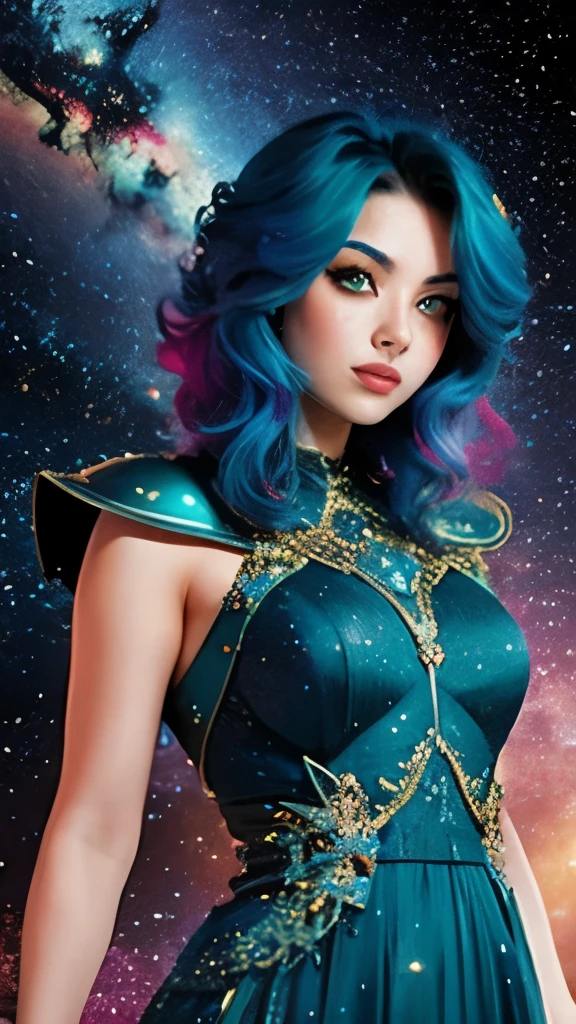 women with rainbow colored hair and detailed teal dress armor, standing, rainbow colored cosmic nebula background, stars, galaxies, intricate details, perfect face