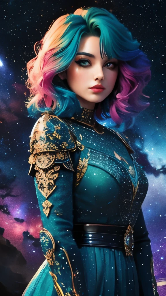 women with rainbow colored hair and detailed teal dress armor, standing, rainbow colored cosmic nebula background, stars, galaxies, intricate details, perfect face