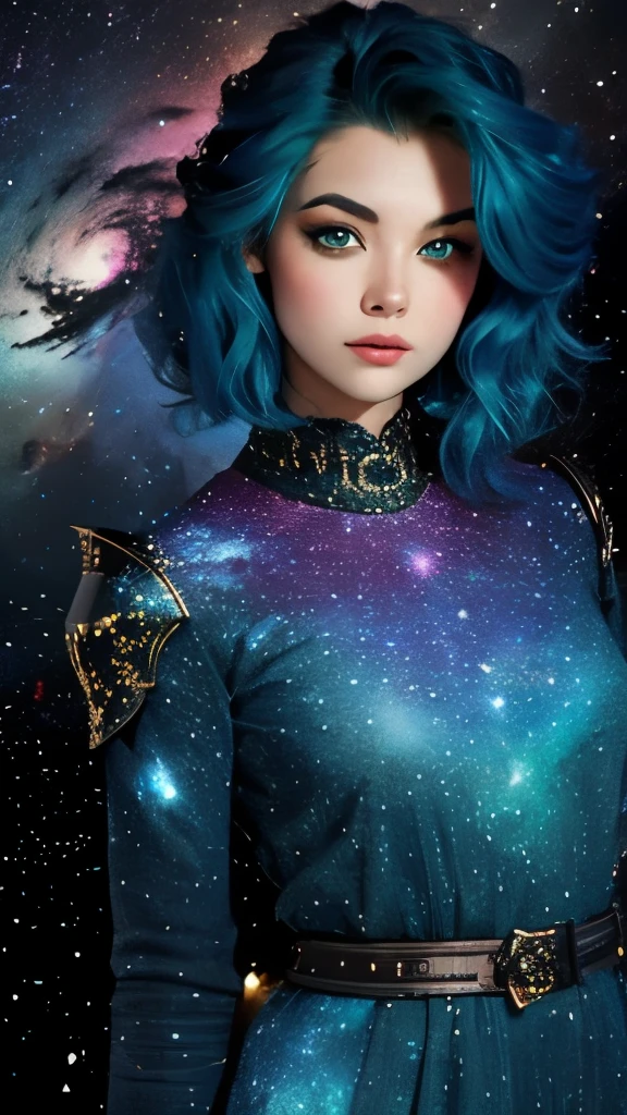 women with rainbow colored hair and detailed teal dress armor, standing, rainbow colored cosmic nebula background, stars, galaxies, intricate details, perfect face