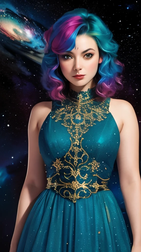 women with rainbow colored hair and detailed teal dress armor, standing, rainbow colored cosmic nebula background, stars, galaxies, intricate details, perfect face