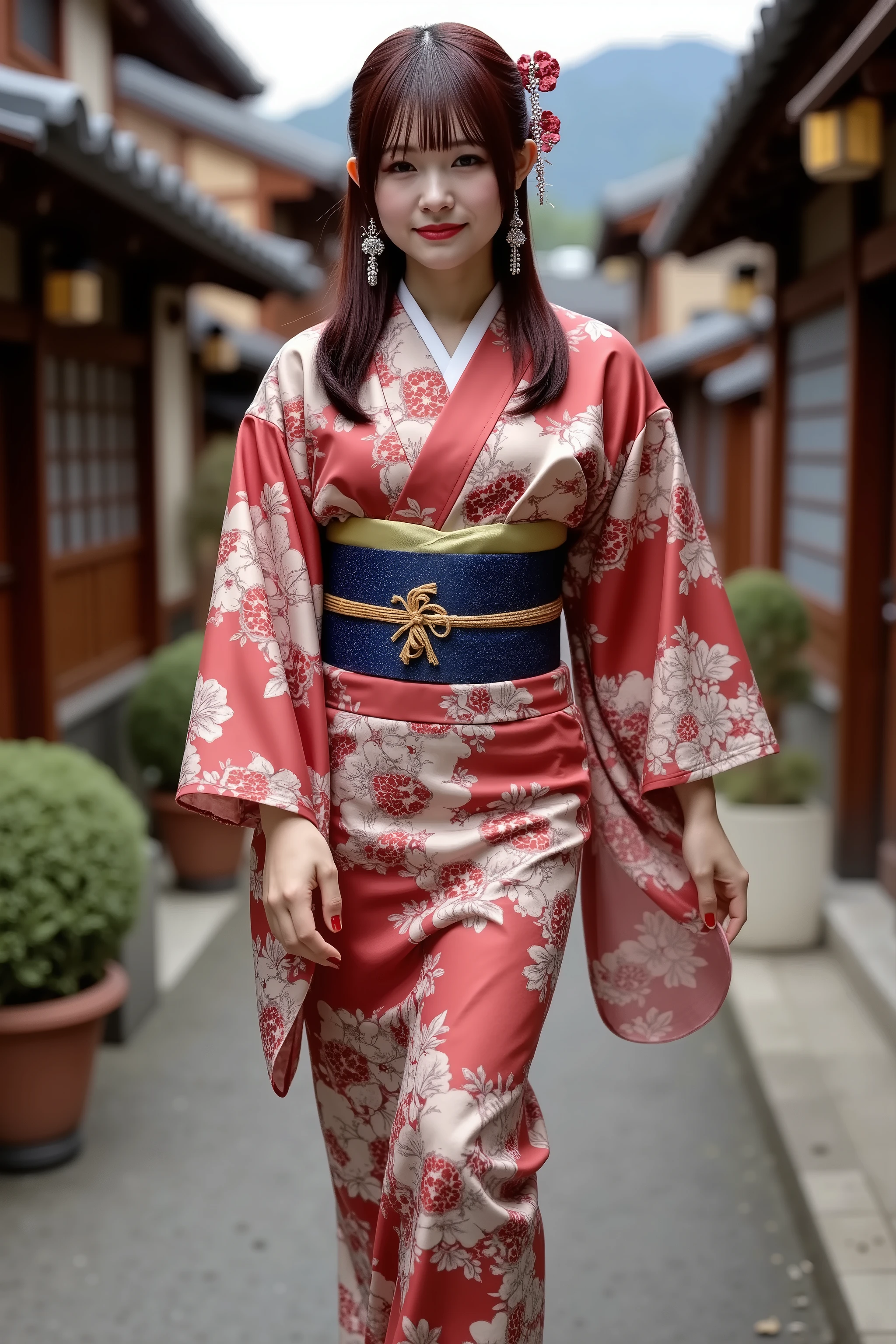 (Fami_Normal, Japanese), solo, (8k, 16k, RAW photos, top quality,masterpiece:1.2),( realistic , Photorealistic:1.37), super detailed , super high res, makeup, gross red lipstick,  (beautifully detailed face) ,Narrow , (beautifully smooth skin), (skin texture), (shiny face), (shiny skin), She has F cup breasts, brown hair,  She is wearing a Japanese kimono. She is walking down a street lined with old Japanese-style houses while smiling. ,