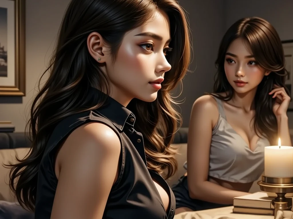 (Masterpiece, Professional lighting, 16k, 8k wallpaper, raw photo, photorealistic:1.8, ultra detailed, natural gentle lighting, detailed skin, detailed face, detailed eyes, textured skins, cinematic composition, detailed background:1.2 ), (High school girls inside bed room:1.4, luxury furniture), looking at viewer, Shy face, laughing , smiling, embarrassed, grin:0.7, silky skins, no makeup, glossy lips,  group shot, (wearing white school blouse, bottomless, see through:0.9, identical school uniform), (naked :0.3), (3 girls:1 perfect style, slender),  ((attractive feminine body)), laced panties, ((wearing white button up shirt, spread legs, see through)), very long hair