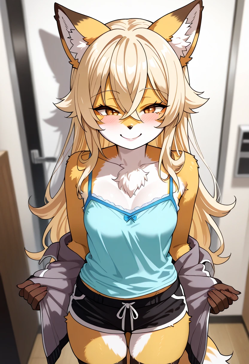 1girl,  fox ear, furry, breast,  camisole,  shorts ,  mesugaki , smile, Taunt,