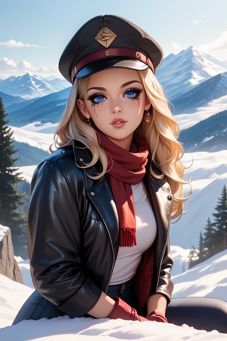 Rev1.0, masterpiece, high quality, high resolution, high texture, 8k, high dynamic range, beautiful 18 year old woman with blonde hair and dark skin, wavy hair, dark skin, tired eyes, blushing cheeks, very dark lips, dark eyeliner, ((blouse unbuttoned:1.0)), ((jacket unzipped:1.0)), ((plaid skirt:1.0)), fur thigh high stockings, snow boots, earmuffs, suspenders, bending over, leaning over, 3/4 long shot, 24mm camera lens, sexy pose, seductive pose, erotic pose, snow covered forest, frozen river, daylight, sunshine, subsurface scattering, volumetric lighting
