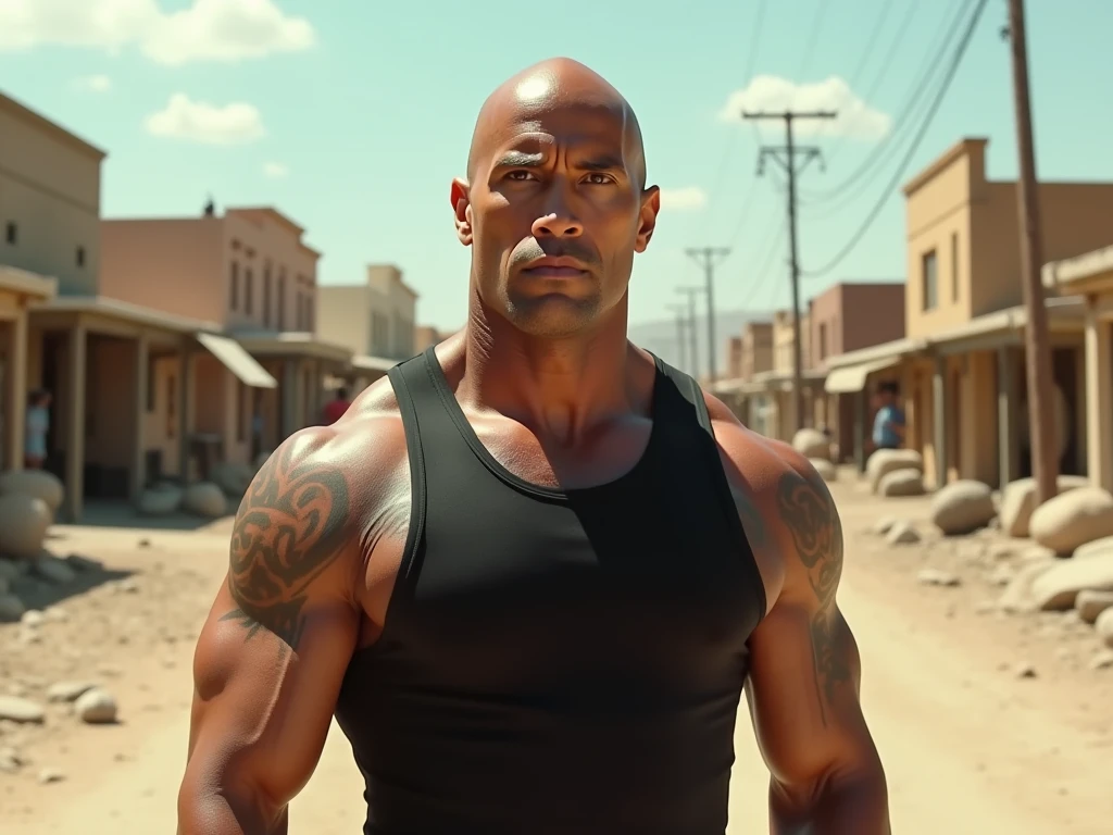 bald Dwayne Johnson as a red rock, red armor, expressive smile, holding a pile of raw meat in a basket, located in a sand city, very detailed facial features, perfect symmetry, dynamic pose