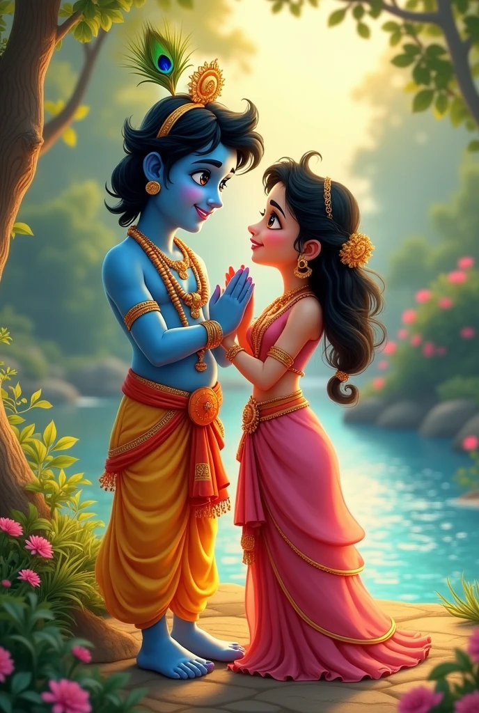 "Create a realistic and heartwarming image of Radha and Krishna as close friends, highlighting the joy and purity of their friendship. Krishna should be depicted as a handsome young man with smooth, radiant blue skin, expressive eyes full of warmth and affection, and a charming smile. His hair should be jet-black and wavy, adorned with a simple peacock feather, rather than a crown. He should wear a casual yet traditional yellow dhoti, with minimal jewelry to reflect a more relaxed, everyday appearance.
Radha should be depicted as a beautiful young woman with radiant, fair skin and gentle, friendly features. Her eyes should sparkle with joy, and her smile should convey the deep bond of friendship she shares with Krishna. Her hair should be long, flowing, and adorned with a few flowers. She should wear a simple, yet elegant saree in soft colors, like pink or lavender, with minimal jewelry, emphasizing her natural beauty.
The scene should take place in a serene, natural setting, perhaps by the banks of the Yamuna River or in a lush, green meadow. Radha and Krishna should be shown engaging in a playful, light-hearted activity—perhaps laughing together as they pick flowers, share a conversation, or enjoy a moment of peace under a tree. The background should be bright and cheerful, with vibrant flowers, green grass, and a clear sky, capturing the essence of their pure and joyful friendship."