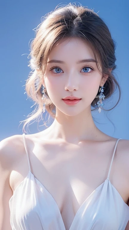(best quality), (masterpiece), (high resolution), (intricate details:0.2), (professional lighting), simple background, chinese dress, off shoulder, (previous view), 1girl, solo, (beautiful face:1.40), curvaceous body, fine skin, smile, long black hair, sky blue eyes, (:1.10), see at viewer