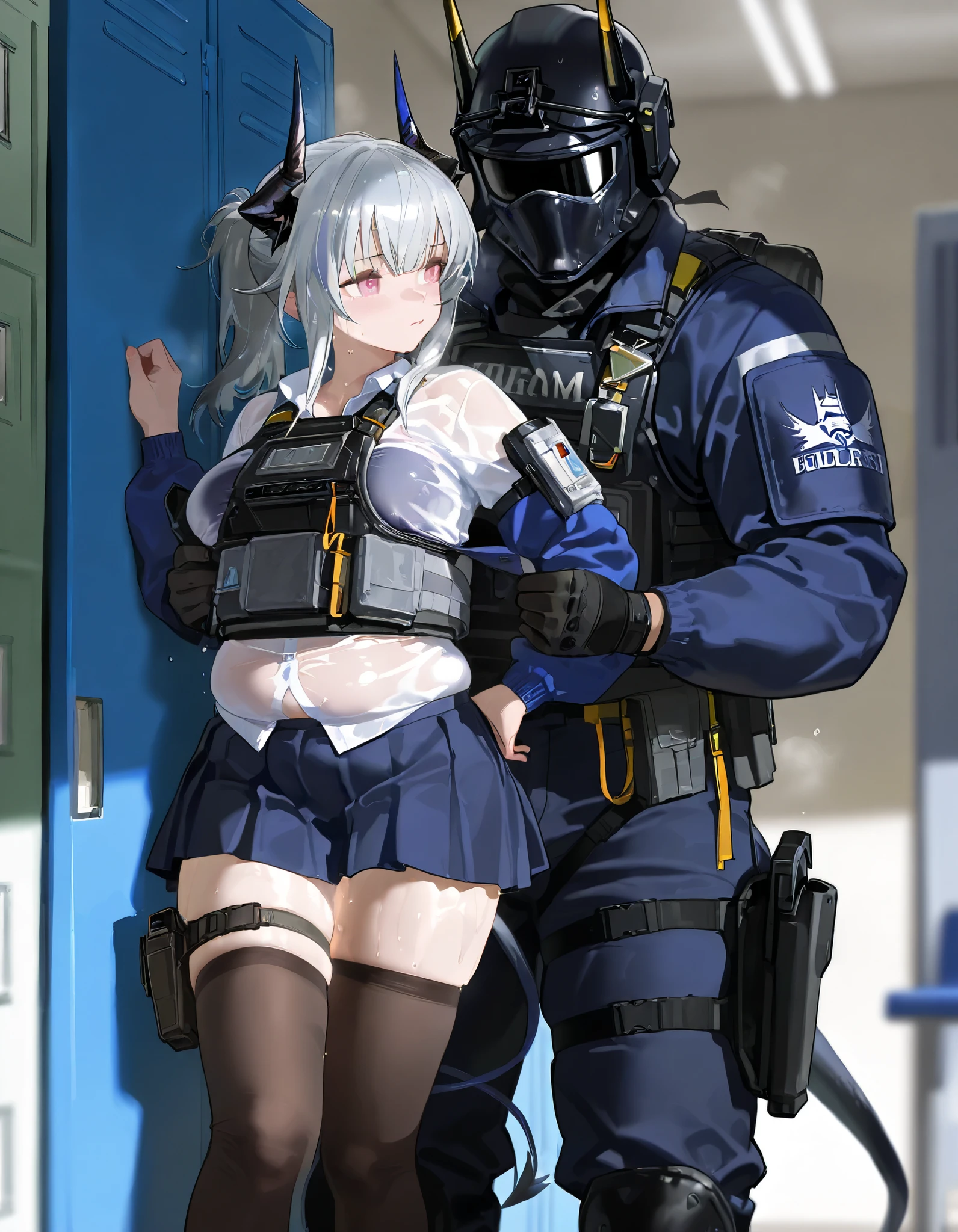 Artist : Nyalia Liskarm,、skirt,、nice realistic Breasts、body armor. liskarm、arknights、silver hair, stockings, thigh bag, holster, horns,  groped, grabbing, liskarm vs masked soldier, 1girl, 1man, size difference, 、young Woman、,  、 locker room, armory, 、 、 sweaty, slightly chubby, tail, undressing