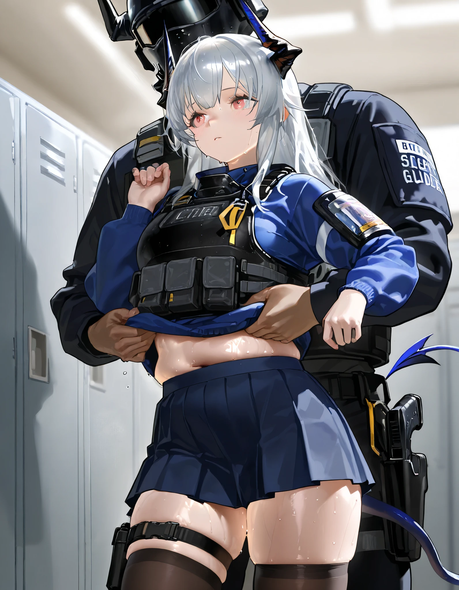 Artist : Nyalia Liskarm,、skirt,、nice realistic Breasts、body armor. liskarm、arknights、silver hair, stockings, thigh bag, holster, horns,  groped, grabbing, liskarm vs masked soldier, 1girl, 1man, size difference, 、young Woman、,  、 locker room, armory, 、 、 sweaty, slightly chubby, tail, undressing realistic skin textures, soft skin, god-like rendering, 