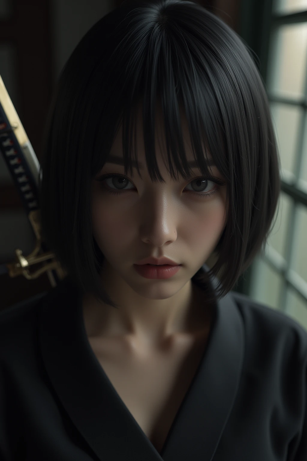 (8k,  top quality, masterpiece:1.2), ( realistic due diligence:1.4),  RAW photo,  top quality,  ultra high definition ,  best shadows, (Full body:1.4),  short-haired woman with penis inserted, Japanese armor,  Samurai sword ,  massive overwhelming environment , horror, dark horror,  highly detailed facial features,  beautiful perfect face , Perfect eyes