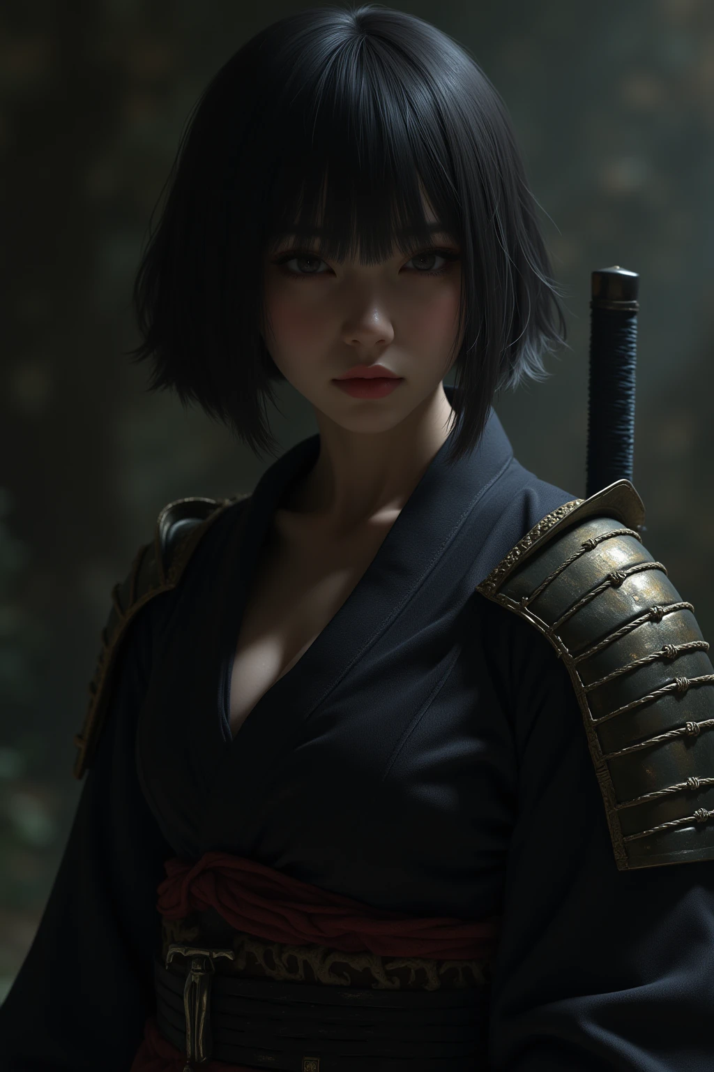 (8k,  top quality, masterpiece:1.2), ( realistic due diligence:1.4),  RAW photo,  top quality,  ultra high definition ,  best shadows, (Full body:1.4),  short-haired woman with penis inserted, Japanese armor,  Samurai sword ,  massive overwhelming environment , horror, dark horror,  highly detailed facial features,  beautiful perfect face , Perfect eyes