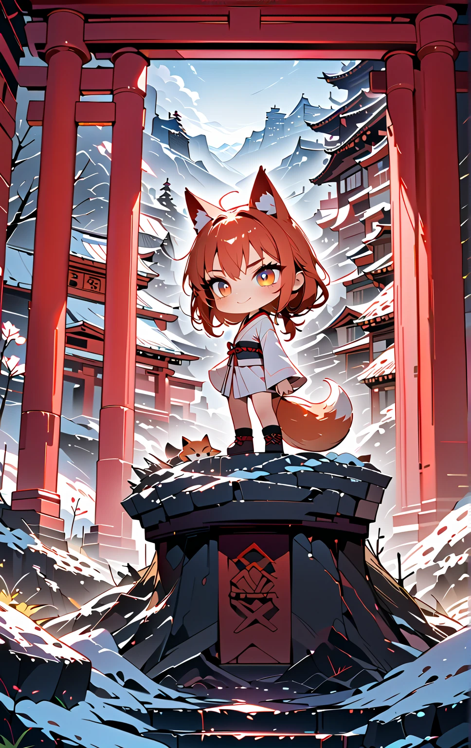 solo, 1girl\((chibi:1.3),small, (fox ear),(fox tail),(play around:1.5), cute, happy, smile, beautiful white kimono, from side, looking away,cute eye,big eye, cat-eye\), snowy Winter ,red shrine gate torii, landscape, dramatic scene . BREAK .quality\(8k,wallpaper of extremely detailed CG unit, high resolution, top-quality, top-quality real texture skin, hyper realistic, increase the resolution, RAW photos, best quality, highly detailed, the wallpaper, golden ratio, high saturation realism, vibrant colors, dramatic lighting, persuasive storytelling, atmospheric scenery, captivating visuals, intricate details, strong emotions, dreamlike world\)