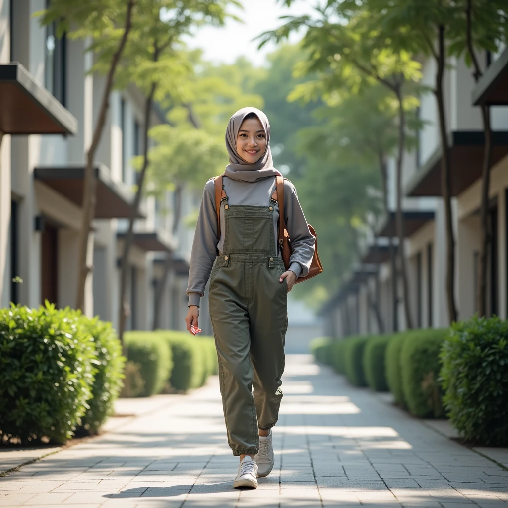 create a picture of an Asian woman in a hijab , light-skinned glowing face , wearing jumpsuit overalls and sneakers . She carries a backpack and smiles as she walks down the narrow street of a modern elite housing estate. The street is shaded , surrounded by shady trees .