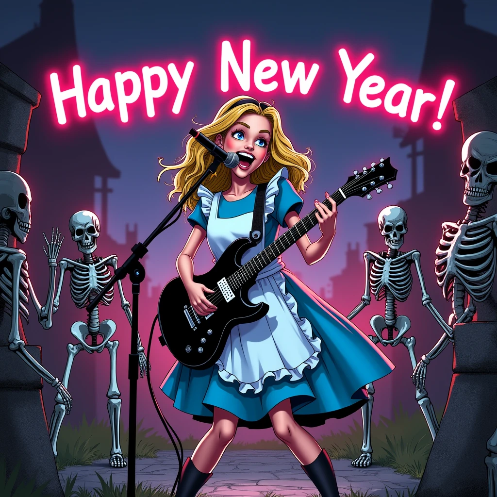 Create a skull-shaped band lead character, singing in a poppy field to an audience of zombies. Abstract art