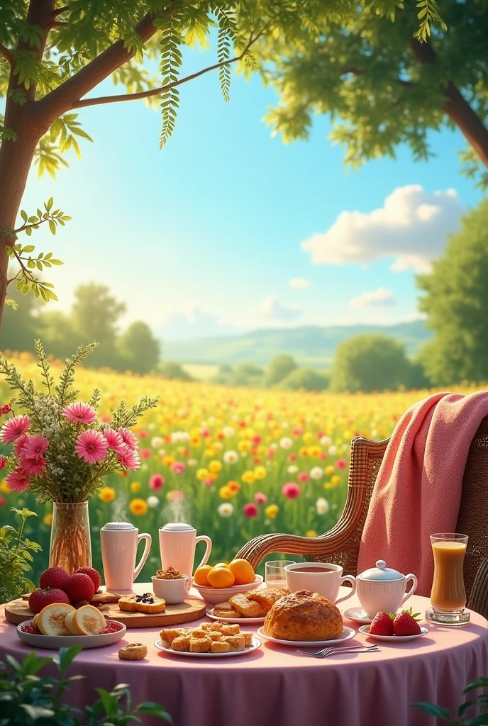 A photo of a delicious breakfast table, bohemian style, and a cozy bohemian-style blanket draped over a chair. In the background, a beautiful field of colorful flowers with trees and a bright blue morning sky. It's a beautiful and positive morning