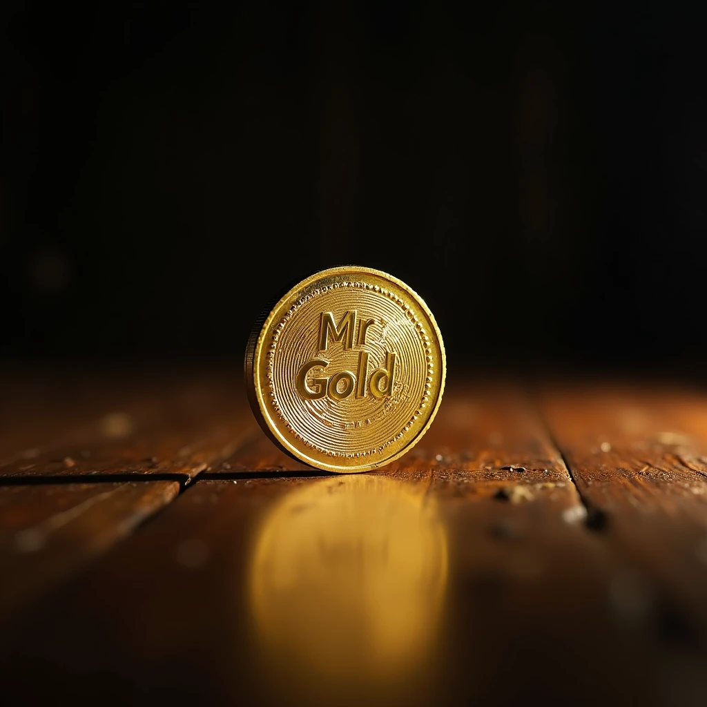 "A single, perfectly detailed gold coin placed on an old wooden table. The coin has 'Mr Gold' engraved prominently and clearly on its surface. The coin is illuminated with perfect soft lighting to showcase its shine and intricate details, while the background is dark and blurred, creating a dramatic and luxurious effect. The focus is entirely on the coin, highlighting its elegance and texture in ultra-high-definition (8K)."