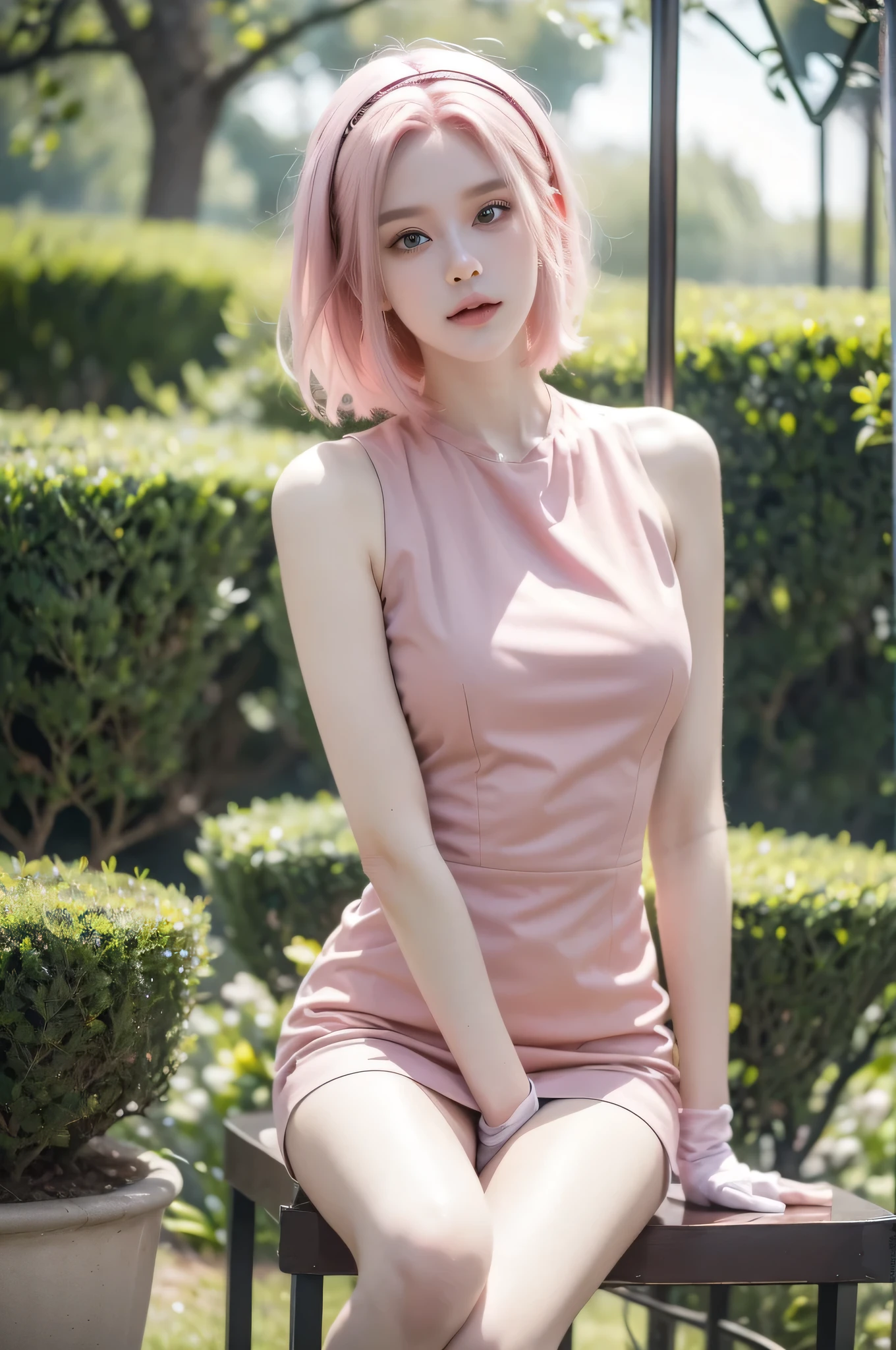 (face lighting:0.8),bright backlight,super high resolution,best quality,Photos,4k,(Realistic:1.2),xiaoyin,1girl,pink hair,short hair,green eyes,hairband,gloves,thigh,outdoor,sit down,dress,