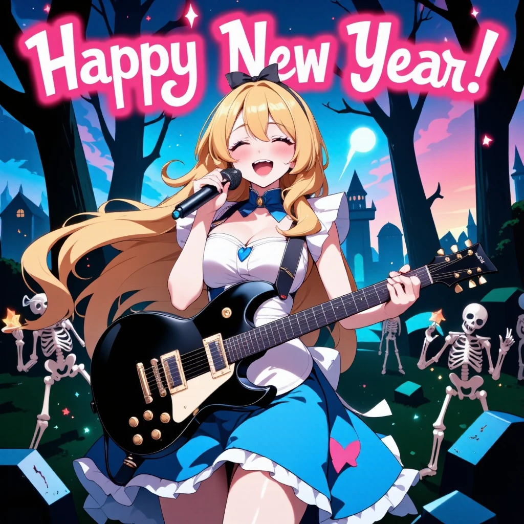 ((highest quality illustration)), (masterpiece), ((detailed)), Alice in Wonderland's graveyard rock concert with a comic book style horror twist: Alice, in her iconic blue dress with a white apron, passionately sings into a microphone while playing a black Stratocaster guitar. The scene is set in a lively graveyard at dusk, with skeletons cheering and dancing around. Alice is depicted in motion, full of excitement and joy. The background features neon-style glowing 'Happy New Year' text in a pop font, with the entire scene rendered in a comic book style with strong shadows and highlights to enhance the horror atmosphere.