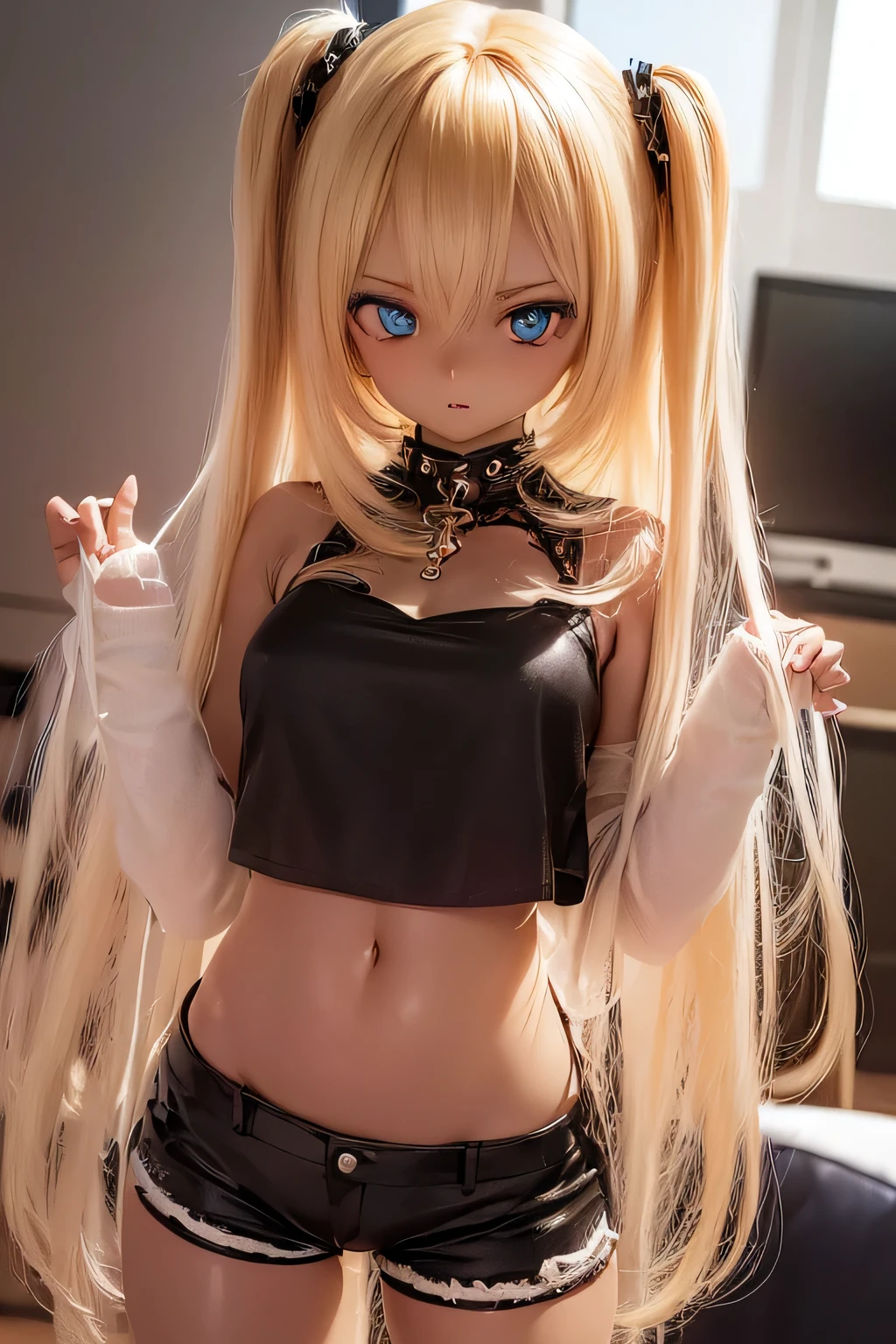 photorealistic, realistic photo, 8k, Canon EOS, ((highest quality)), ((masterpiece)), (extremely detailed), kukolnydom, doll, shiny skin, (dark skin:2), (stylish pose, living room, black camisole, shorts, mature woman, 21yo, 21_years_old, solo:1.6), (medium breasts, parted lips, blonde hair, long hair, two side up, looking above, blank stare, blue eyes, glass eyes, shining eyes, detailed face:1.3)