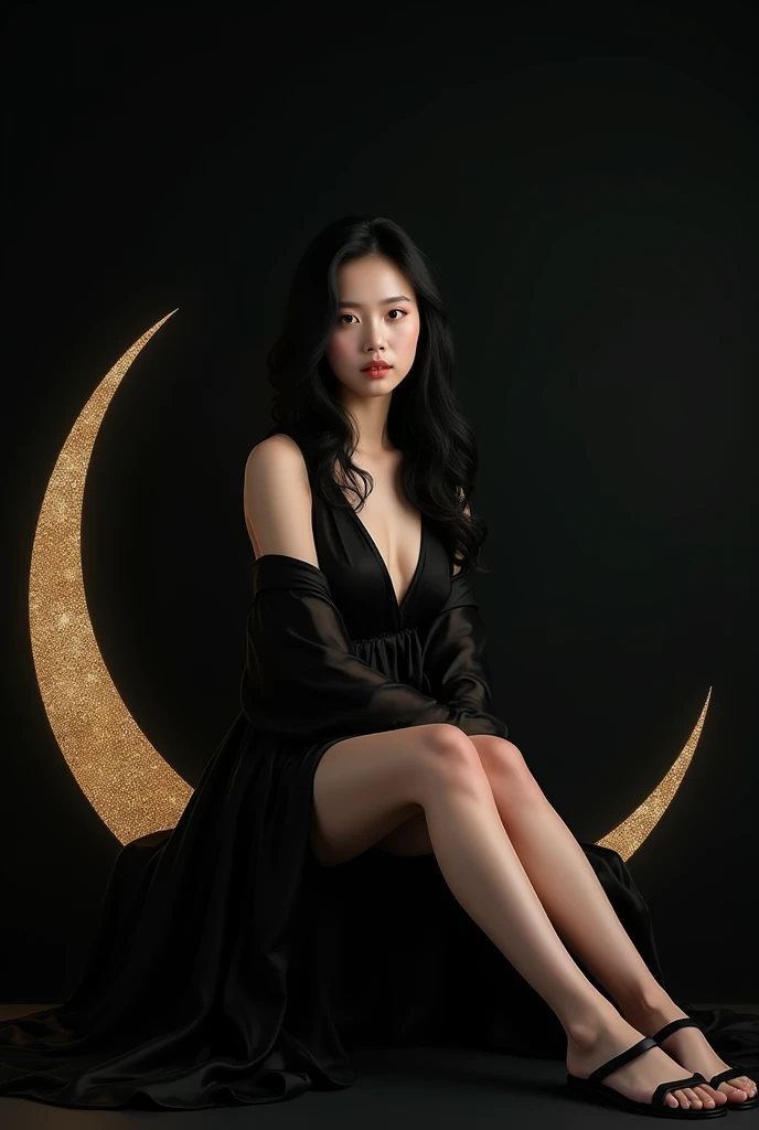 (photorealism:1.2), Asian woman with black wavy hair and curvy body, wearing black pajamas, black sandals, sitting on shining crescent moon, plain black background