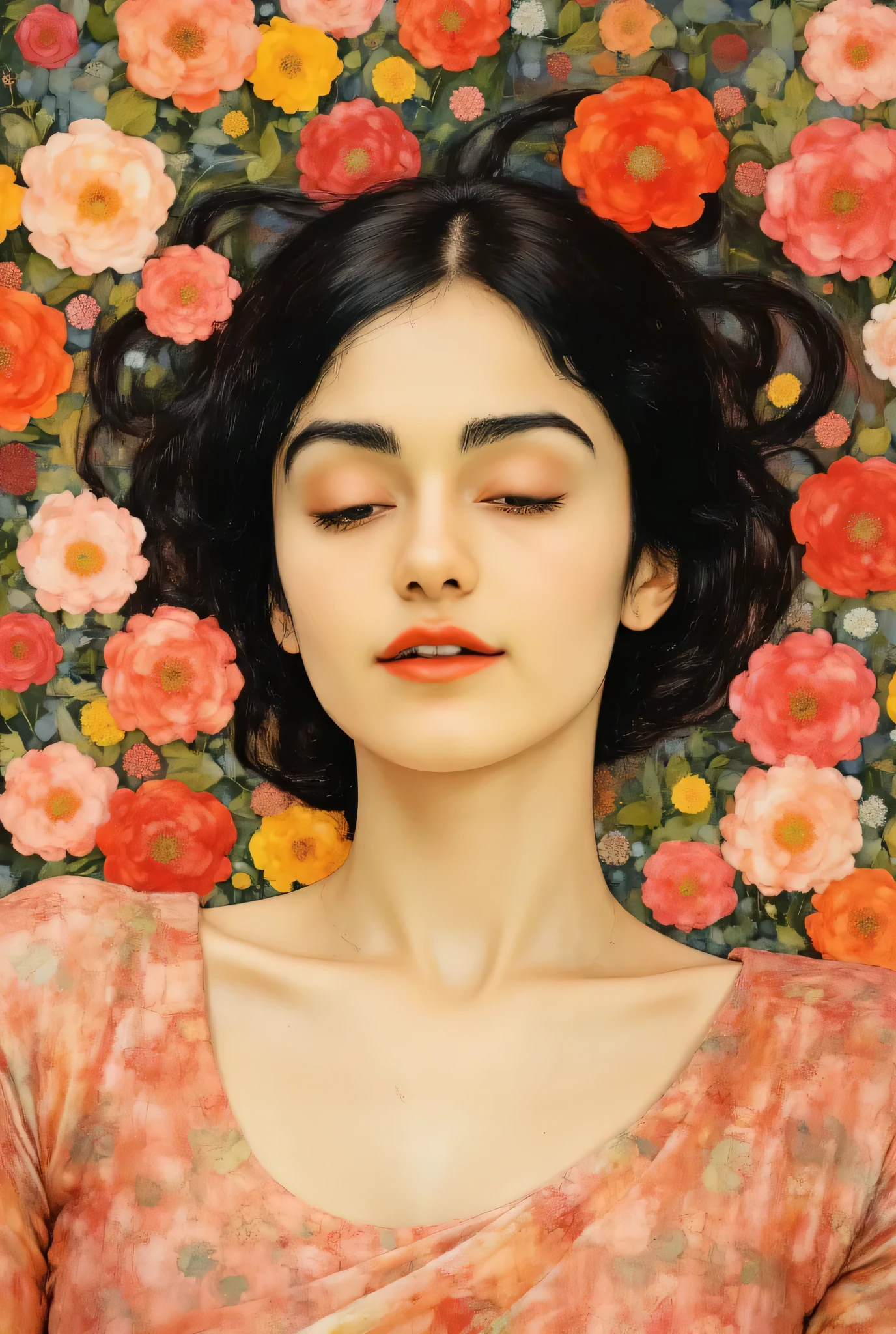 "Palette knife painting of a woman lying on a ground covered with vibrant flowers, her serene face partially visible amidst the blossoms. The textured strokes blend soft pinks, reds, yellows, and greens, creating a dreamy, abstract floral bed. Her closed eyes and relaxed expression exude peace, while her flowing hair merges seamlessly with the surrounding petals, evoking a timeless, ethereal beauty."