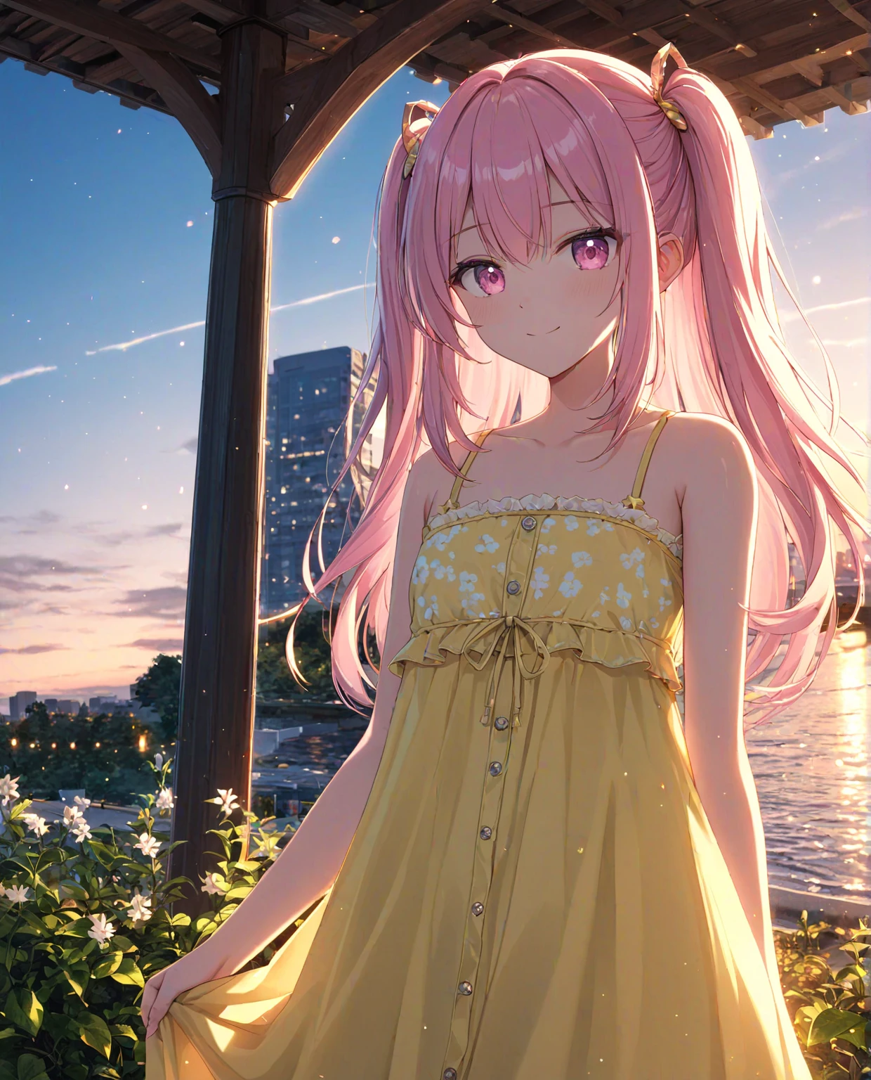 1girl, solo, Pink Shine Bright Hair, hair between eyes, Long hair, loose hair, (two side up),  aesthetic detailed eyes, (Pink shiny Bright Eyes), bright pink eyes, (pale cheeks), (skin colored cheeks), Mesmerise, Little smile, closed mouth, (half body, cowboy shot),  BREAK
(white and yellow summer dress, dress in yellow and white colours, long dress), BREAK
(outdoors, summer, garden, (dark evening), lights), BREAK
HDR, 8K, masterpiece, best quality, amazing quality, very aesthetic, high resolution, ultra-detailed, absurdres, newest, scenery, 
masterpiece, scenery, aesthetic detailed background, best quality, game cg aesthetics, sharp focus, sharp details, beautiful detailed eyes, detailed skin, detailed hair, light particles,  photo background, depth of field, 
(masterpiece), best quality, ultra-detailed, 1024k UHD wallpaper, ultra-high resolution, depth of field, HDR, Ray tracing, RTX, high saturation, photon mapping, best texture quality, best compotitions, (extremely detailed CG 1024k wallpaper), High Details, Detailed face, Detailed Clothes, Ultra HD Photo, Perfect Face, expressive eyes, pale cheeks