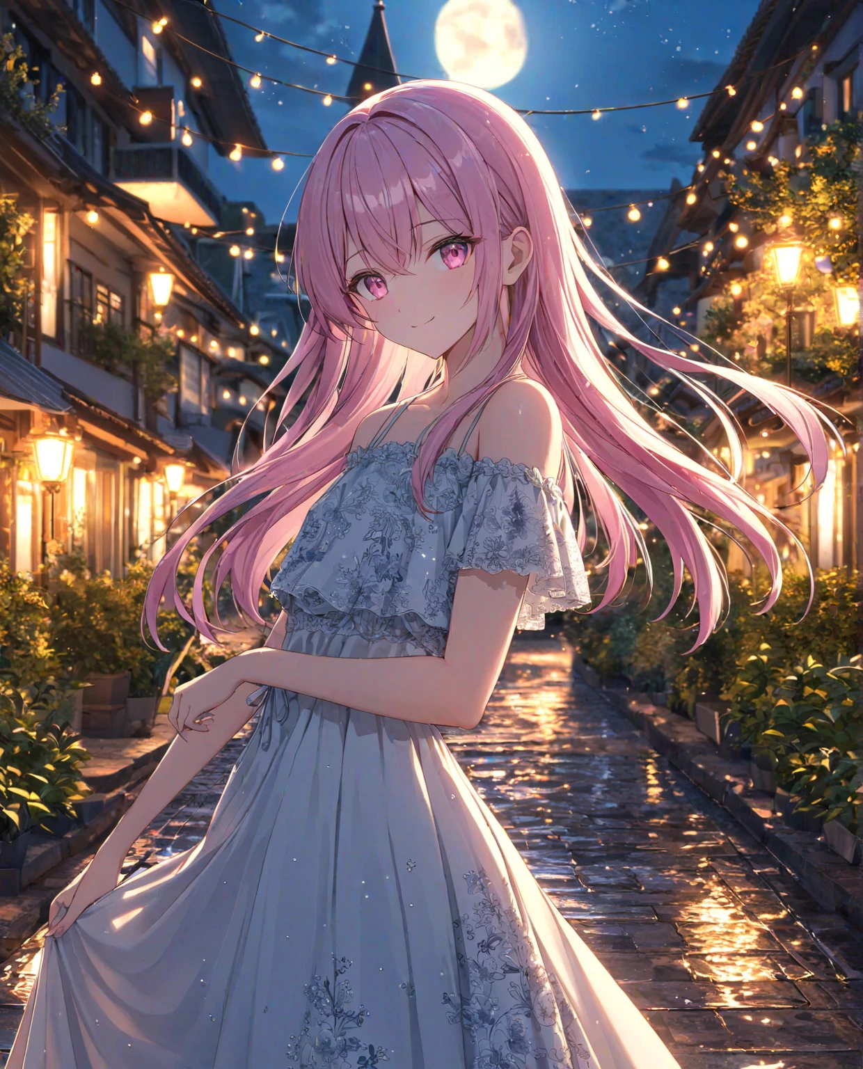 1girl, solo, Pink Shine Bright Hair, hair between eyes, Long hair, loose hair, (two side up),  aesthetic detailed eyes, (Pink shiny Bright Eyes), bright pink eyes, (pale cheeks), (skin colored cheeks), Mesmerise, Little smile, closed mouth, (half body, cowboy shot),  BREAK
(white and yellow summer dress, dress in yellow and white colours, long dress), BREAK
(outdoors, summer, garden, (dark evening), lights), BREAK
HDR, 8K, masterpiece, best quality, amazing quality, very aesthetic, high resolution, ultra-detailed, absurdres, newest, scenery, 
masterpiece, scenery, aesthetic detailed background, best quality, game cg aesthetics, sharp focus, sharp details, beautiful detailed eyes, detailed skin, detailed hair, light particles,  photo background, depth of field, 
(masterpiece), best quality, ultra-detailed, 1024k UHD wallpaper, ultra-high resolution, depth of field, HDR, Ray tracing, RTX, high saturation, photon mapping, best texture quality, best compotitions, (extremely detailed CG 1024k wallpaper), High Details, Detailed face, Detailed Clothes, Ultra HD Photo, Perfect Face, expressive eyes, pale cheeks