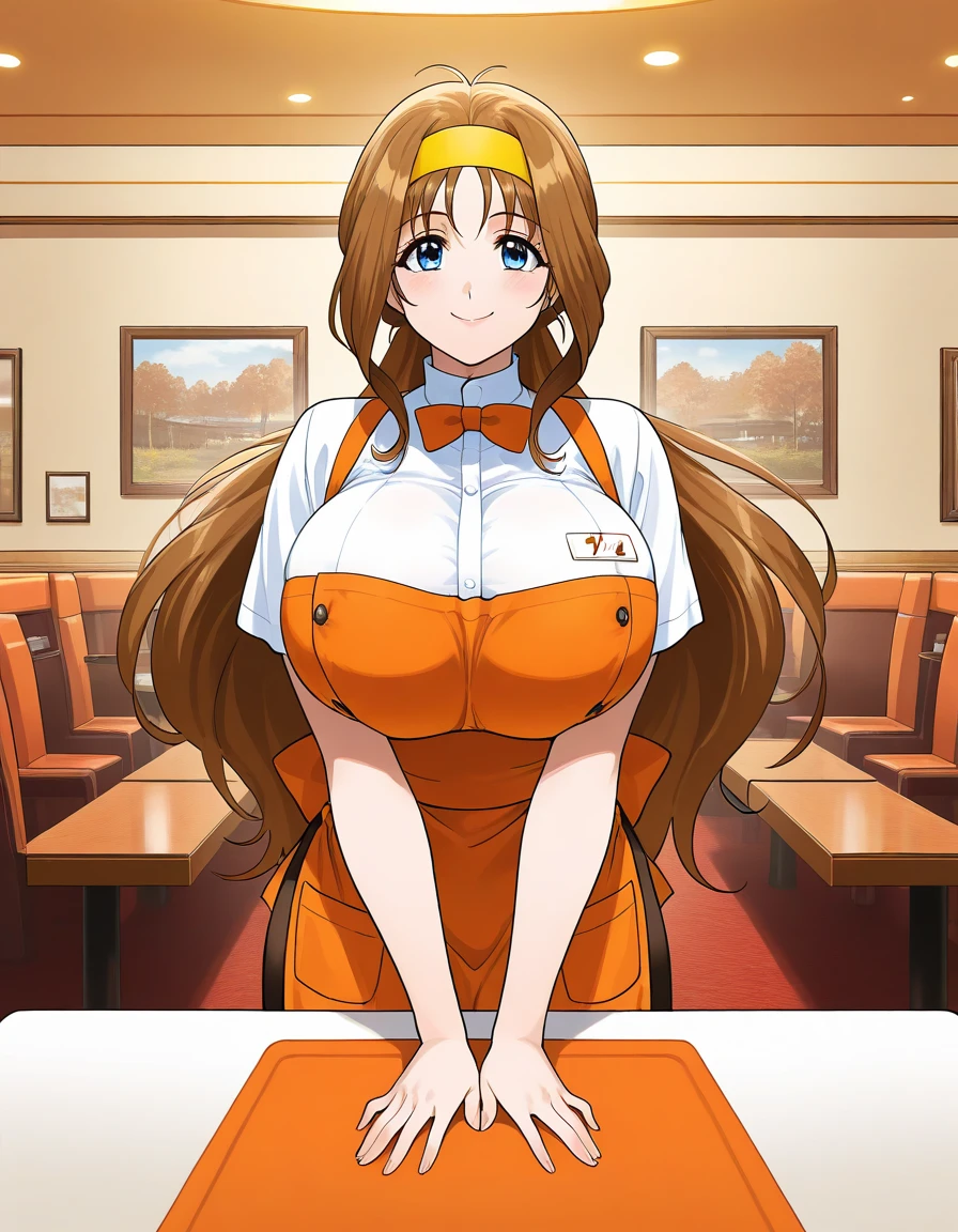  general , high resolution,  ultra detail, VERY ESTHETIC , top quality ,best hands,  break Kokubo_Reika _,  brown hair,  long hair,  blue eyes, huge breasts,  One Girl , Alone,  hair band ,  waitress , smile,   orange apron, break,
  restaurant , room,  happy , Back Visible :1.5、 taken from behind、Focus on the butt