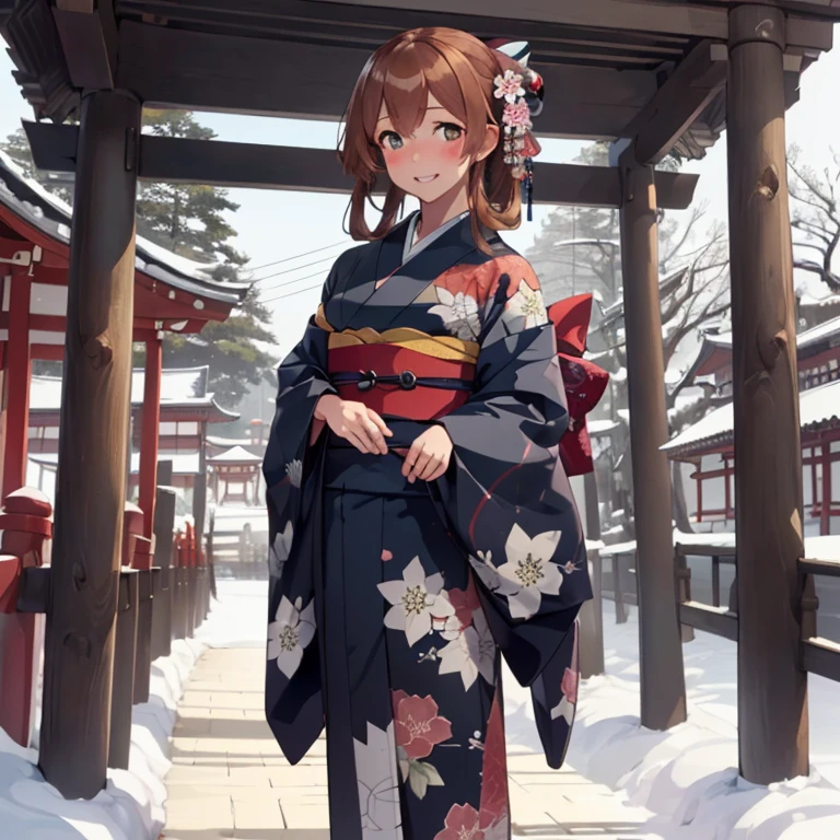 Springfield,
(masterpiece,best quality,ultra detailed,hyper detailed,exquisite,beautiful:1.4),(art CG, 8K),1girl solo,KonishiCSA ,smile,(blush:1.4),(standing:1.4), New Year shrine visit, traditional Japanese temple, torii gate covered in snow,
(kimono:1.4),omikuji