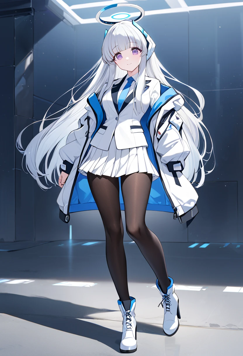 noa-default、noa \(blue archive\)、 purple eyes、Gray Hair、 long hair、Halo、 headphones、 jacket、 white suit 、 blue tie 、 white pleated skirt、 black pantyhose、 white high heels 、 short boots