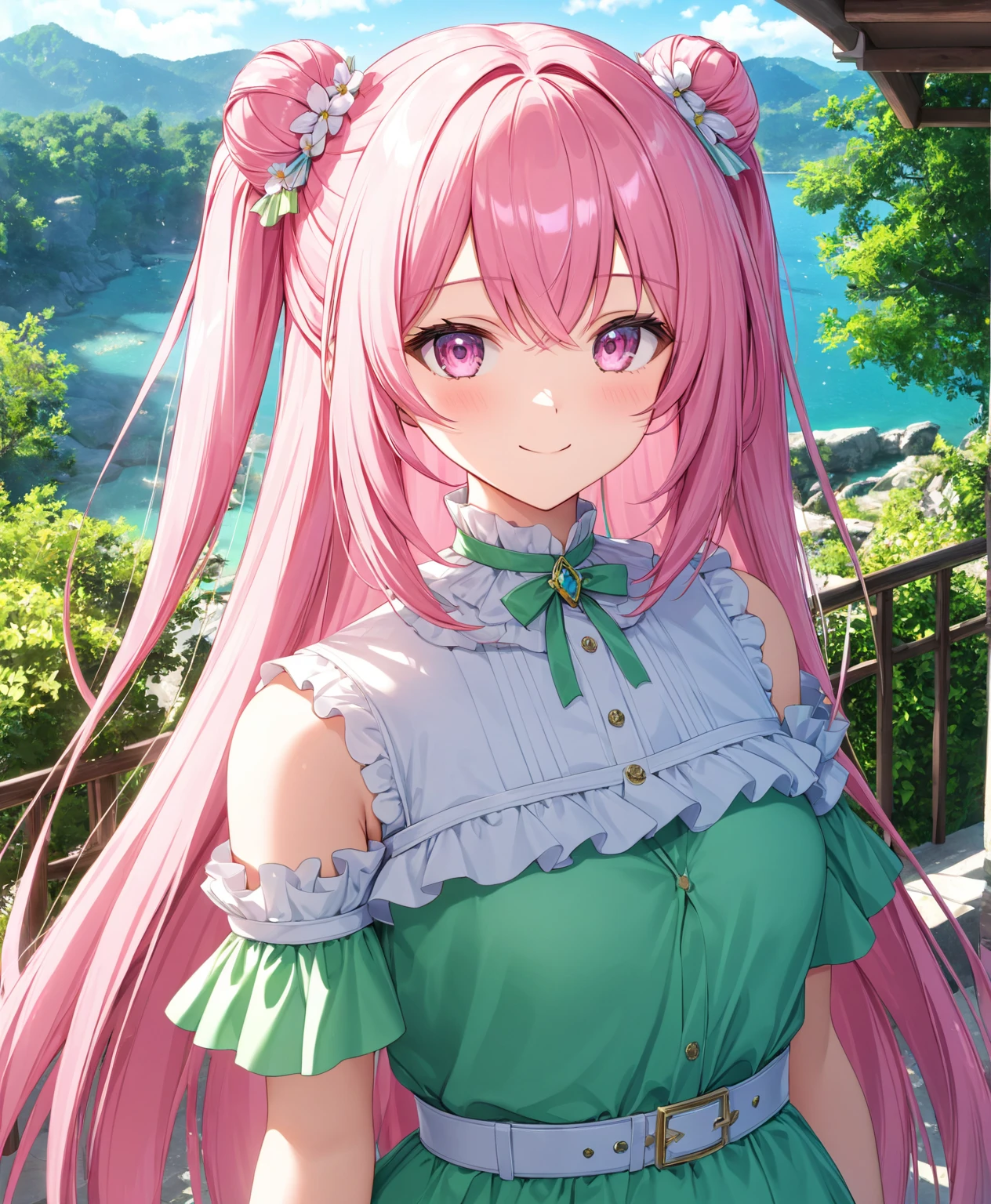 1girl, solo, Pink Shine Bright Hair, hair between eyes, Long hair, loose hair,(two small side buns), beautifully styled hair, aesthetic detailed eyes, (Pink shiny Bright Eyes), looking at viewer,(pale cheeks), (skin colored cheeks), Mesmerise, Little smile, closed mouth, (half body, cowboy shot),  BREAK
(summer green dress), BREAK
gazebo, evening, lights, BREAK
HDR, 8K, masterpiece, best quality, amazing quality, very aesthetic, high resolution, ultra-detailed, absurdres, newest, scenery, 
masterpiece, scenery, aesthetic detailed background, best quality, game cg aesthetics, sharp focus, sharp details, beautiful detailed eyes, detailed skin, detailed hair, light particles,  photo background, depth of field, 
(masterpiece), best quality, ultra-detailed, 1024k UHD wallpaper, ultra-high resolution, depth of field, HDR, Ray tracing, RTX, high saturation, photon mapping, best texture quality, best compotitions, (extremely detailed CG 1024k wallpaper), High Details, Detailed face, Detailed Clothes, Ultra HD Photo, Perfect Face, expressive eyes