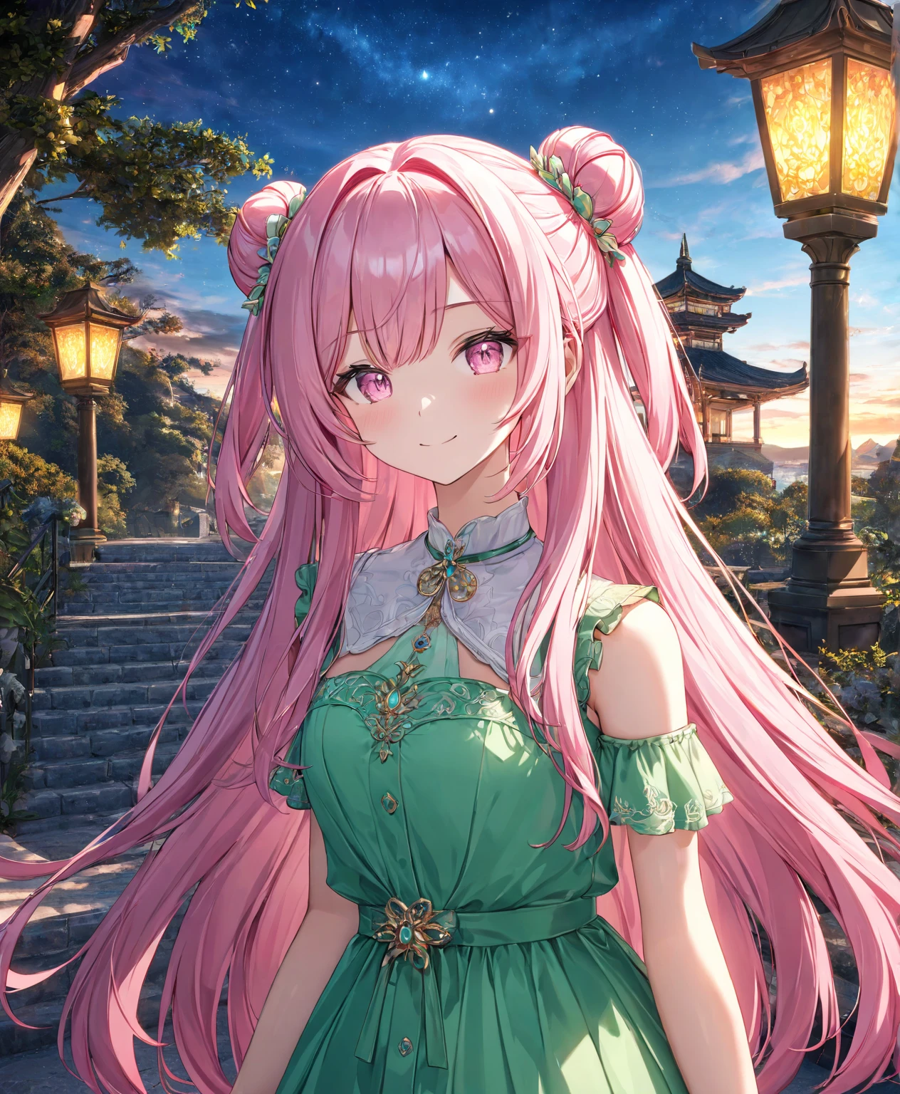 1girl, solo, Pink Shine Bright Hair, hair between eyes, Long hair, loose hair,(two small side buns), beautifully styled hair, aesthetic detailed eyes, (Pink shiny Bright Eyes), looking at viewer,(pale cheeks), (skin colored cheeks), Mesmerise, Little smile, closed mouth, (half body, cowboy shot),  BREAK
(summer green dress), BREAK
gazebo, evening, lights, BREAK
HDR, 8K, masterpiece, best quality, amazing quality, very aesthetic, high resolution, ultra-detailed, absurdres, newest, scenery, 
masterpiece, scenery, aesthetic detailed background, best quality, game cg aesthetics, sharp focus, sharp details, beautiful detailed eyes, detailed skin, detailed hair, light particles,  photo background, depth of field, 
(masterpiece), best quality, ultra-detailed, 1024k UHD wallpaper, ultra-high resolution, depth of field, HDR, Ray tracing, RTX, high saturation, photon mapping, best texture quality, best compotitions, (extremely detailed CG 1024k wallpaper), High Details, Detailed face, Detailed Clothes, Ultra HD Photo, Perfect Face, expressive eyes