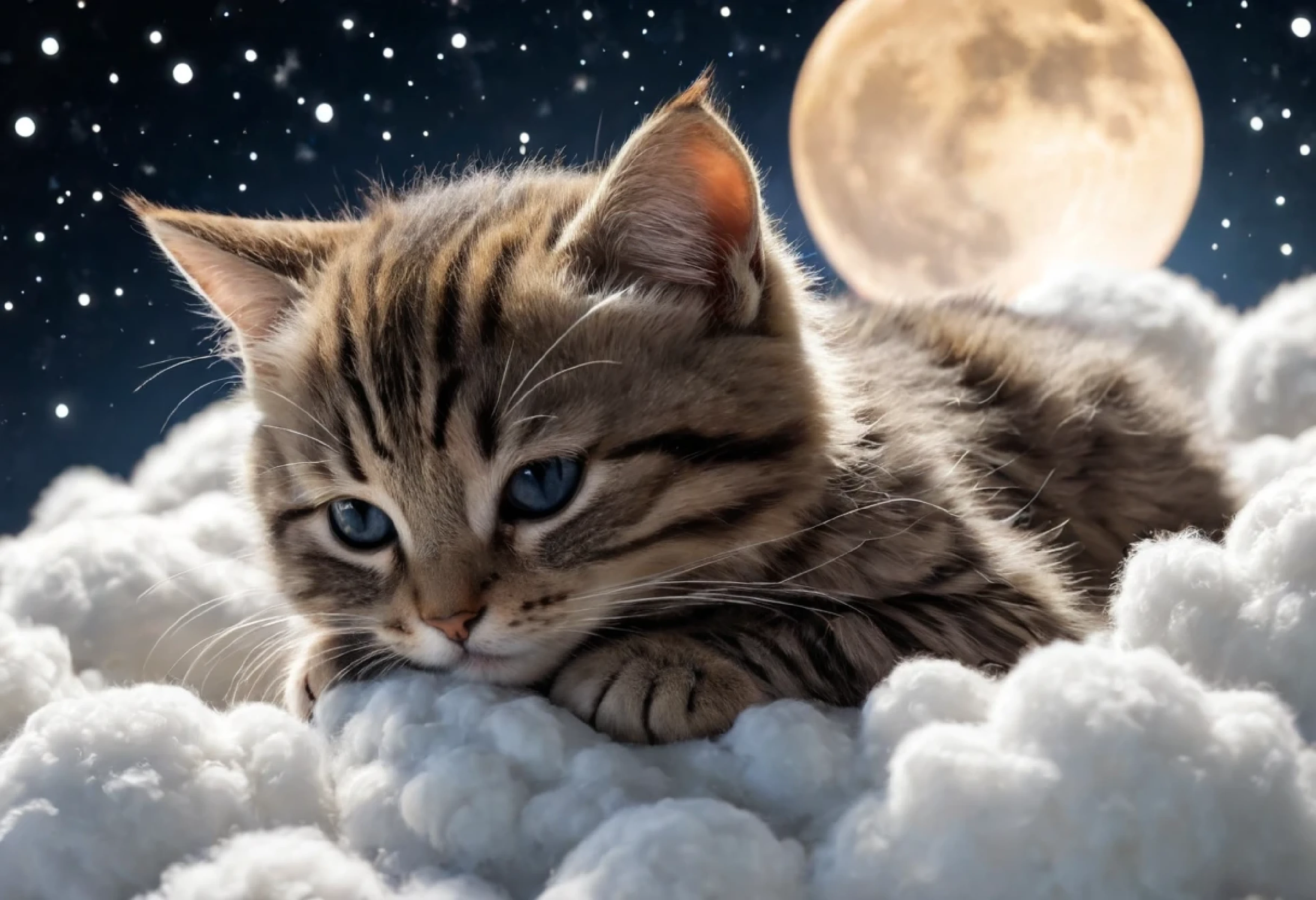  cute baby cats are sleeping on clouds.  fluffy coat .  Baby cats are surrounded by the moon and stars .  soft. Warm ambient glow .