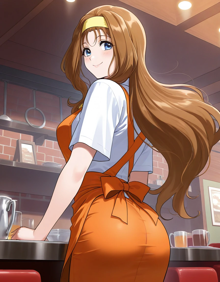  general , high resolution,  ultra detail, VERY ESTHETIC , top quality ,best hands,  break Kokubo_Reika _,  brown hair,  long hair,  blue eyes,  One Girl , Alone,  hair band ,  waitress , smile,   orange apron, break,
  restaurant , room,  happy , Back Visible 、 taken from behind、Focus on the butt、I can see her ass