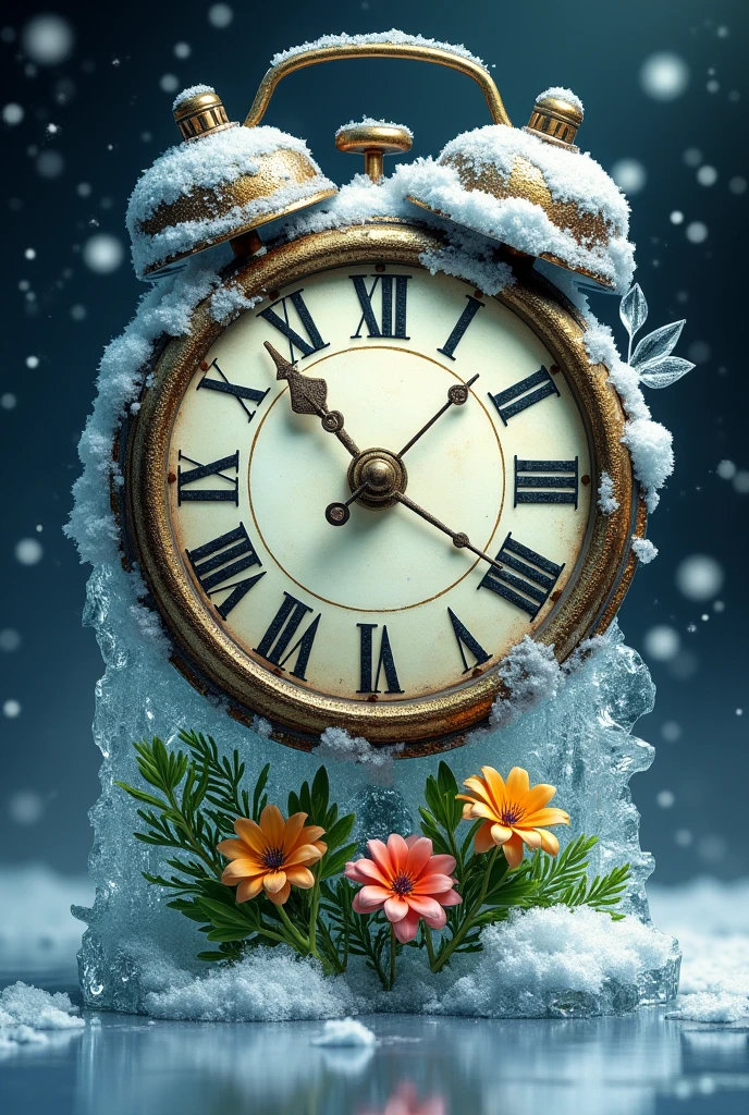 A New Year's poster depicting a clock with its hands frozen at midnight surrounded by ice and snowflakes. The ice begins to crack and melt away to reveal greenery and flowers beneath, symbolizing the promise of spring and renewal in the new year. The clock is detailed and vintage, with intricate designs on its face and hands. The ice and snowflakes are rendered in crystal clear and shimmering white, contrasting with the emerging vibrant colors of the greenery and flowers. The overall mood is one of anticipation and rebirth, suitable for a hopeful start to the new year.