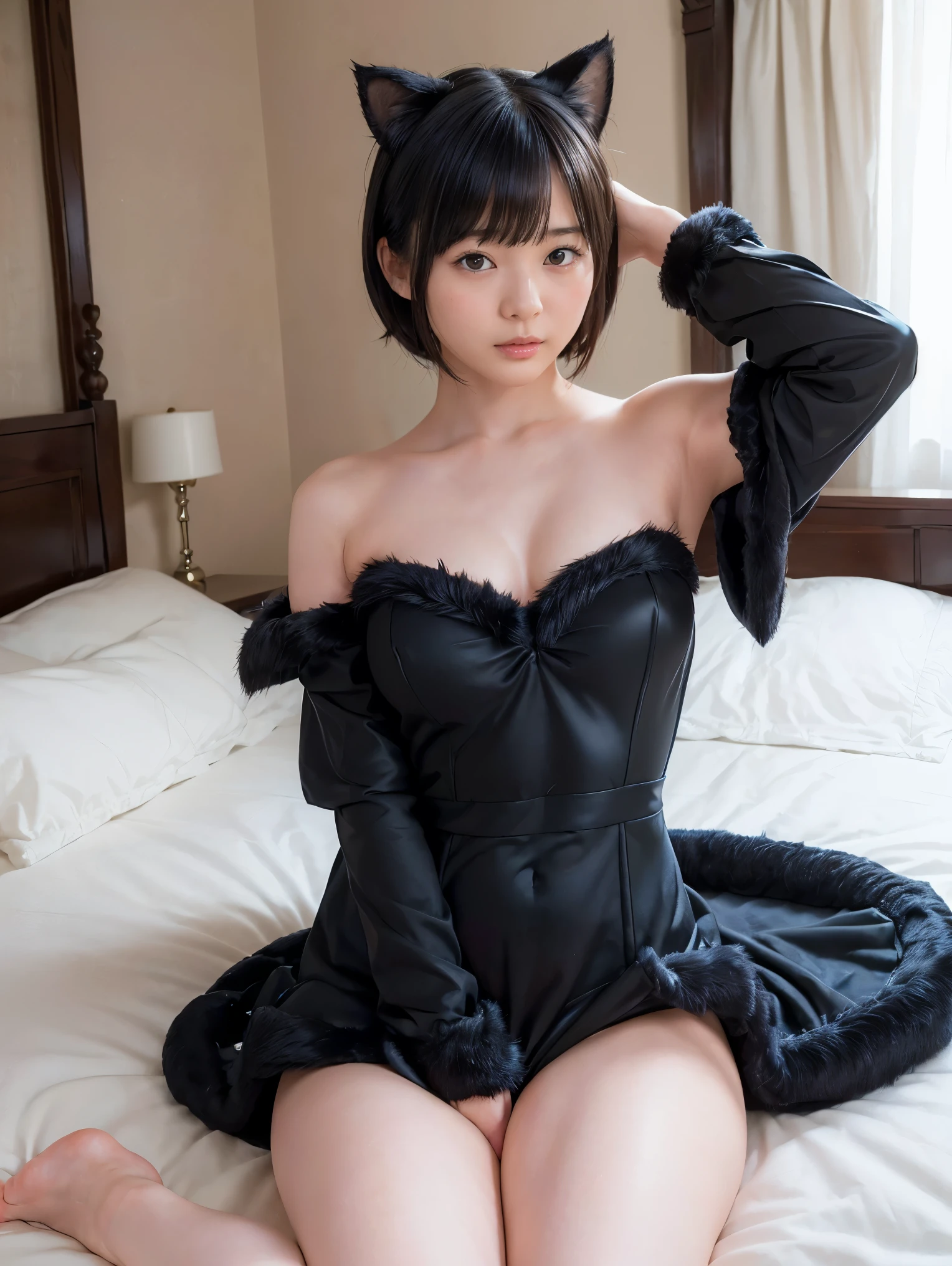 8k、 High Quality 、 more details、 short hair with bangs 、( cute、 beautiful、 beautiful:1.5),(bedroom:1.3)、((( place one hand behind your head、 beautiful脇を見せる:1.5))),((( black costume、fur dress、Cat ears:1.4)))、(24 year old  cute )、((( sit leaning against the bed、seiza、 open legs)))、 beautiful足、Gentle lighting、A face that feels、 beautiful、((１people))、(( cute sexy pose))、Photo、 realistic、(((緻密で beautiful目、緻密で beautiful手、 more detailsな手))), hyperrealism、high contrast、Max image 、top quality、Small details、Very politely, beautiful女性,I have a high resolution face 、 realistic、 beautiful女性,I have a high resolution face 、20 years old, Detailed Facial Features 