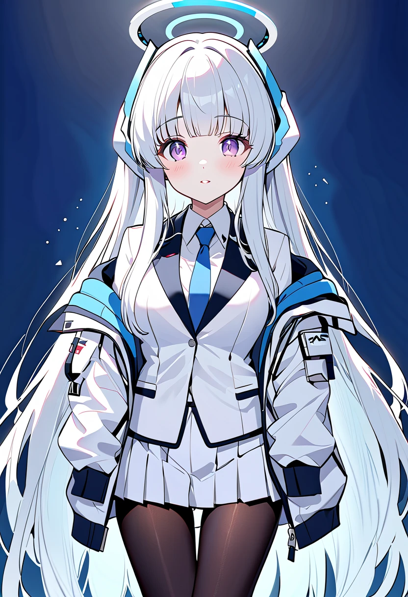 noa-default,
noa \(blue archive\),purple eyes, white hair,long hair,halo,headphones,jacket,white suit,blue necktie, white pleated skirt,black pantyhose, white high heels, short boots