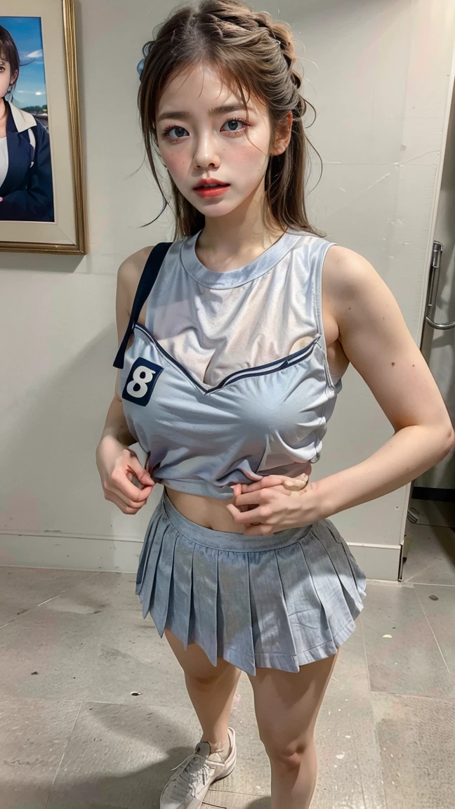 (1girl:1.3), Solo, __body-parts__, Kim Ji-ni Jennie face, wearing trendy brand, football T-shirt, thin body, bare waist, football shorts, world-weary face, cold eyes, Korean style photo photos, photographic lighting, strong contrast, sunlight on the face, world-weary face, high-class sense, cold eyes, feminine, background cement gray, 8k resolution image, intricate symmetrical details. The whole picture goes forward, mainly a woman standing all over her body, with smooth movements and a complete picture.