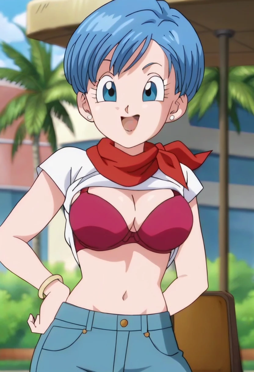 source_anime, score_9, score_8_up, score_7_up, anime screencap,8k, absurd res, 
bulma, 1girl, solo, breasts, smile, short hair, bowl cut,  open mouth, blue eyes, cleavage, jewelry, medium breasts, blue hair, white shirt, :d, earrings, outdoors, sky, day, cloud, blurry, tree, blue sky, red neckerchief, palm tree, official style, anime coloring, portrait, shirt lift, ((bra)), big breasts, blue jeans, (thick thighs)