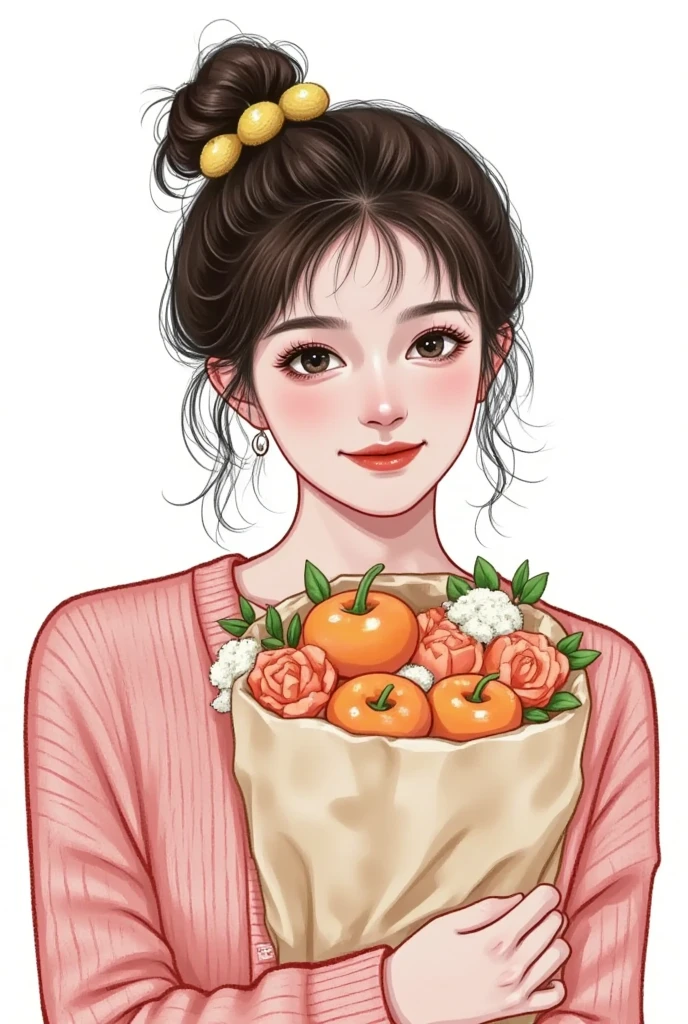   beautiful painting style  , 可爱的数字艺术,   High Quality Color Sketch  ：Beautiful girl portrait，Holding flowers