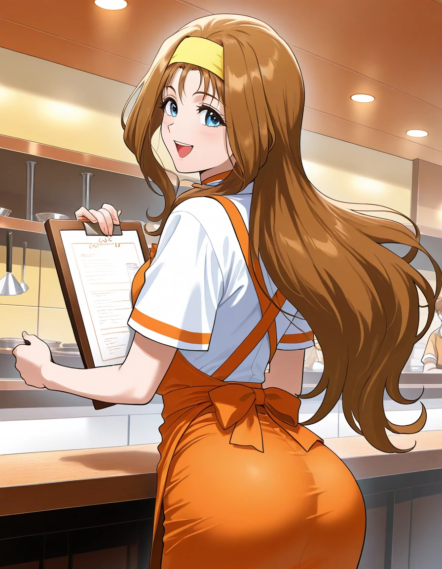  general , high resolution,  ultra detail, VERY ESTHETIC , top quality ,best hands,  break Kokubo_Reika _,  brown hair,  long hair,  blue eyes,  One Girl , Alone,  hair band ,  waitress , smile,   orange apron, break,
  restaurant , room,  happy , Back Visible 、 taken from behind、Focus on the butt、I can see her ass、I'm leaning forward to wipe the tables in the store