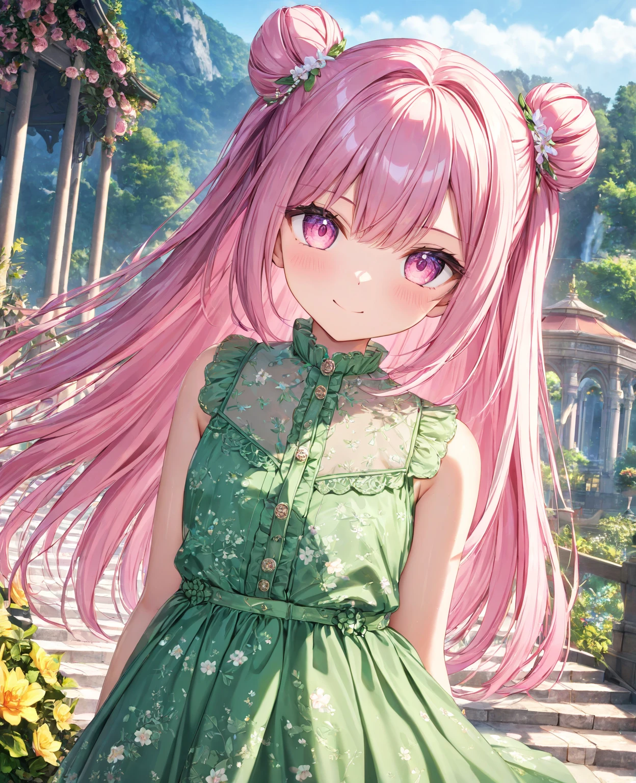 1girl, solo, Pink Shine Bright Hair, hair between eyes, Long hair, loose hair,(two small side buns), beautifully styled hair, aesthetic detailed eyes, (Pink shiny Bright Eyes), looking at viewer,(pale cheeks), (skin colored cheeks), Mesmerise, Little smile, closed mouth, (half body, cowboy shot),  BREAK
(summer green dress), BREAK
gazebo, evening, lights, BREAK
HDR, 8K, masterpiece, best quality, amazing quality, very aesthetic, high resolution, ultra-detailed, absurdres, newest, scenery, 
masterpiece, scenery, aesthetic detailed background, best quality, game cg aesthetics, sharp focus, sharp details, beautiful detailed eyes, detailed skin, detailed hair, light particles,  photo background, depth of field, 
(masterpiece), best quality, ultra-detailed, 1024k UHD wallpaper, ultra-high resolution, depth of field, HDR, Ray tracing, RTX, high saturation, photon mapping, best texture quality, best compotitions, (extremely detailed CG 1024k wallpaper), High Details, Detailed face, Detailed Clothes, Ultra HD Photo, Perfect Face, expressive eyes