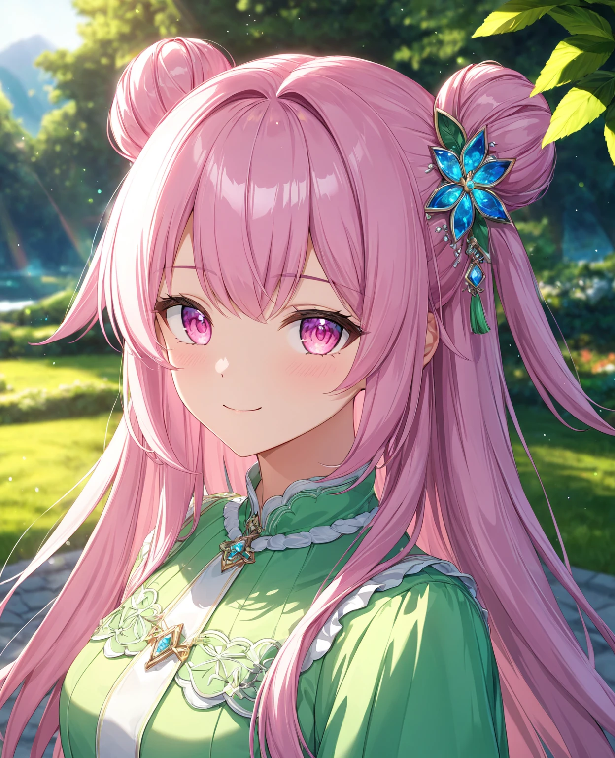 1girl, solo, Pink Shine Bright Hair, hair between eyes, Long hair, loose hair,(two small side buns), beautifully styled hair, aesthetic detailed eyes, (Pink shiny Bright Eyes), looking at viewer,(pale cheeks), (skin colored cheeks), Mesmerise, Little smile, closed mouth, (half body, cowboy shot),  BREAK
(summer green dress), BREAK
gazebo, evening, lights, BREAK
HDR, 8K, masterpiece, best quality, amazing quality, very aesthetic, high resolution, ultra-detailed, absurdres, newest, scenery, 
masterpiece, scenery, aesthetic detailed background, best quality, game cg aesthetics, sharp focus, sharp details, beautiful detailed eyes, detailed skin, detailed hair, light particles,  photo background, depth of field, 
(masterpiece), best quality, ultra-detailed, 1024k UHD wallpaper, ultra-high resolution, depth of field, HDR, Ray tracing, RTX, high saturation, photon mapping, best texture quality, best compotitions, (extremely detailed CG 1024k wallpaper), High Details, Detailed face, Detailed Clothes, Ultra HD Photo, Perfect Face, expressive eyes