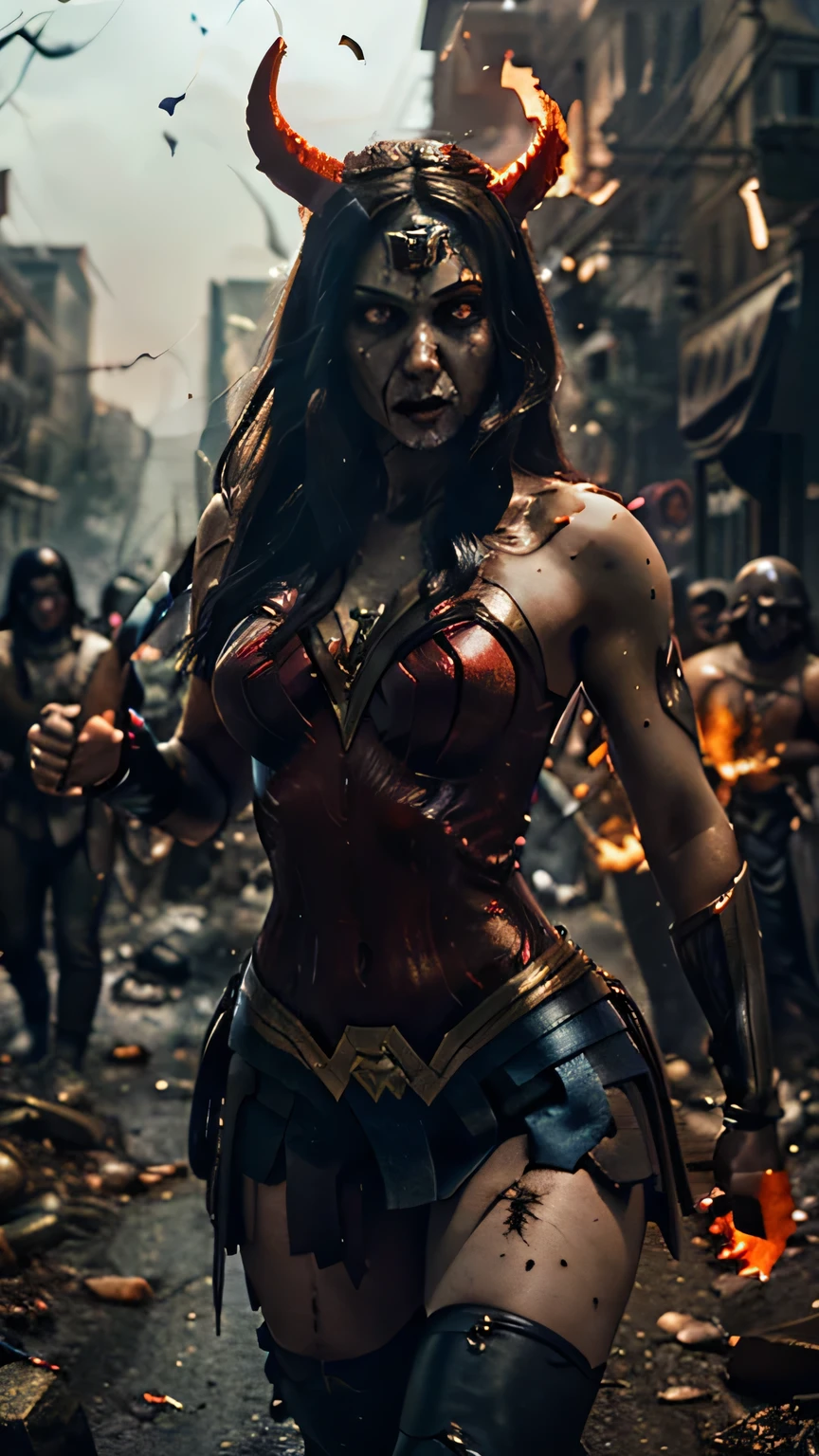 8k, ultra realistic, photorealistic, inspired by Wonder Woman horror ver:
A towering demon with glowing red eyes, black horns, and claw-shaped obsidian armor that exposes her muscular, seductive figure. She wields a flaming whip and spreads skeletal wings in a blood-soaked battlefield surrounded by shattered statues.