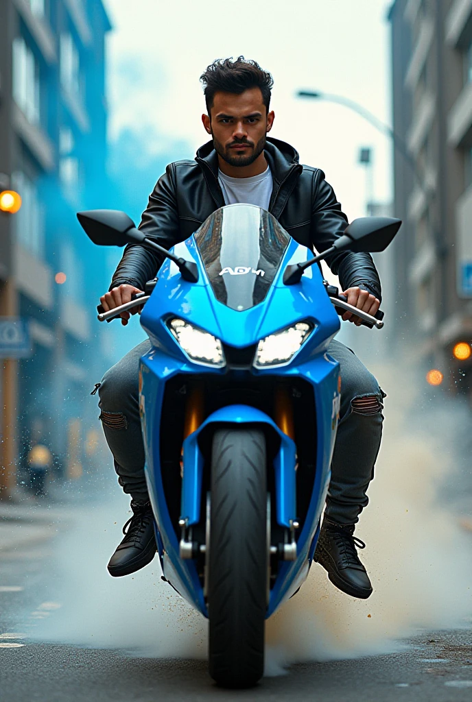 A handsome Indonesian man, wearing a white T-shirt n black jaket that says "ADHI", cargo jeans, riding a blue futuristic sports motor bike Front tire up with a freestyle slow-motion effect, surrounded by broken glass, with views of tall buildings and roads, smoke effect and fire, The background shows liquid paint spray with blue, yellow and colorful visual effects