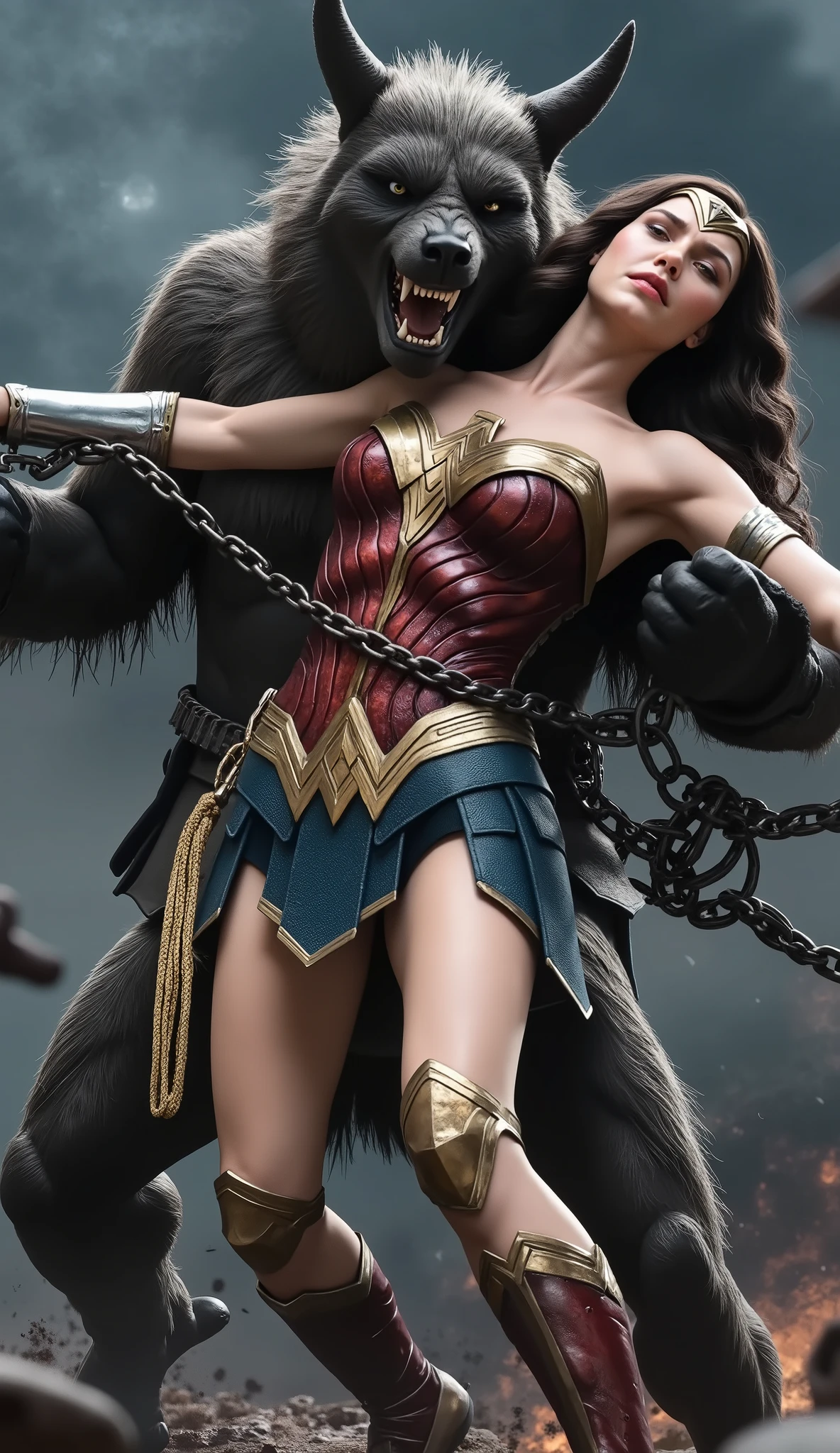 Gal Gadot is Wonder woman, ((fighting with the Steppenwolf)), a very beautiful Korean face, very bright white skin, brown hair, painful face, unconscious, eyes close, dirty body, ((bound arms by chain behind her back)), she is defeated, the Steppenwolf severely assault from front of wonder woman, face to face, a huge body fierce Steppenwolf is carrying Wonder woman body, (the Steppenwolf is taller than Wonder woman:1.4), photorealistic, hyper realistic, (whole body visible), in the night, ancient myth war,