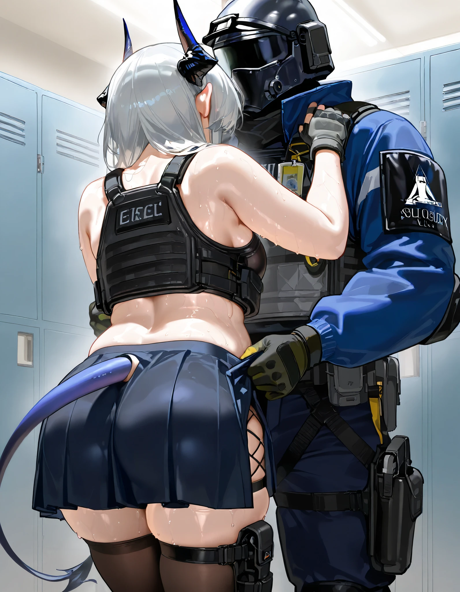 Artist : Nyalia Liskarm,、skirt,、nice realistic Breasts、body armor. liskarm、arknights、silver hair, stockings, thigh bag, holster, horns,  groped, grabbing, liskarm vs masked soldier, 1girl, 1man, size difference, 、young Woman、,  、 locker room, armory, 、 、 sweaty, slightly chubby, tail, undressing, back view, big butt