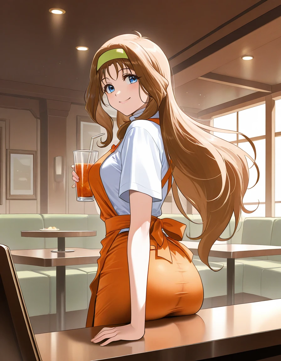  general , high resolution,  ultra detail, VERY ESTHETIC , top quality ,best hands,  break Kokubo_Reika _,  brown hair,  long hair,  blue eyes,  One Girl , Alone,  hair band ,  waitress , smile,   orange apron, break,
  restaurant , room,  happy , Back Visible 、 taken from behind、Focus on the butt、I can see her ass、Served drinks are placed on the table