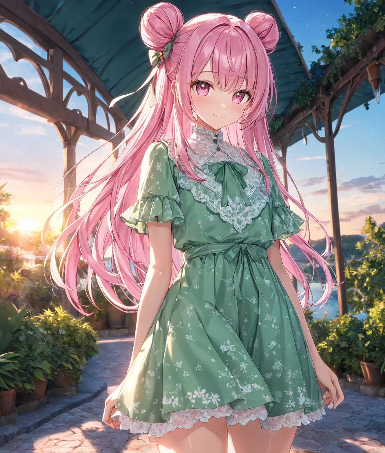 1girl, solo, Pink Shine Bright Hair, hair between eyes, Long hair, loose hair,(two small side buns), beautifully styled hair, aesthetic detailed eyes, (Pink shiny Bright Eyes), looking at viewer,(pale cheeks), (skin colored cheeks), Mesmerise, Little smile, closed mouth, (half body, cowboy shot),  BREAK
(summer green dress), BREAK
gazebo, evening, lights, BREAK
HDR, 8K, masterpiece, best quality, amazing quality, very aesthetic, high resolution, ultra-detailed, absurdres, newest, scenery, 
masterpiece, scenery, aesthetic detailed background, best quality, game cg aesthetics, sharp focus, sharp details, beautiful detailed eyes, detailed skin, detailed hair, light particles,  photo background, depth of field, 
(masterpiece), best quality, ultra-detailed, 1024k UHD wallpaper, ultra-high resolution, depth of field, HDR, Ray tracing, RTX, high saturation, photon mapping, best texture quality, best compotitions, (extremely detailed CG 1024k wallpaper), High Details, Detailed face, Detailed Clothes, Ultra HD Photo, Perfect Face, expressive eyes